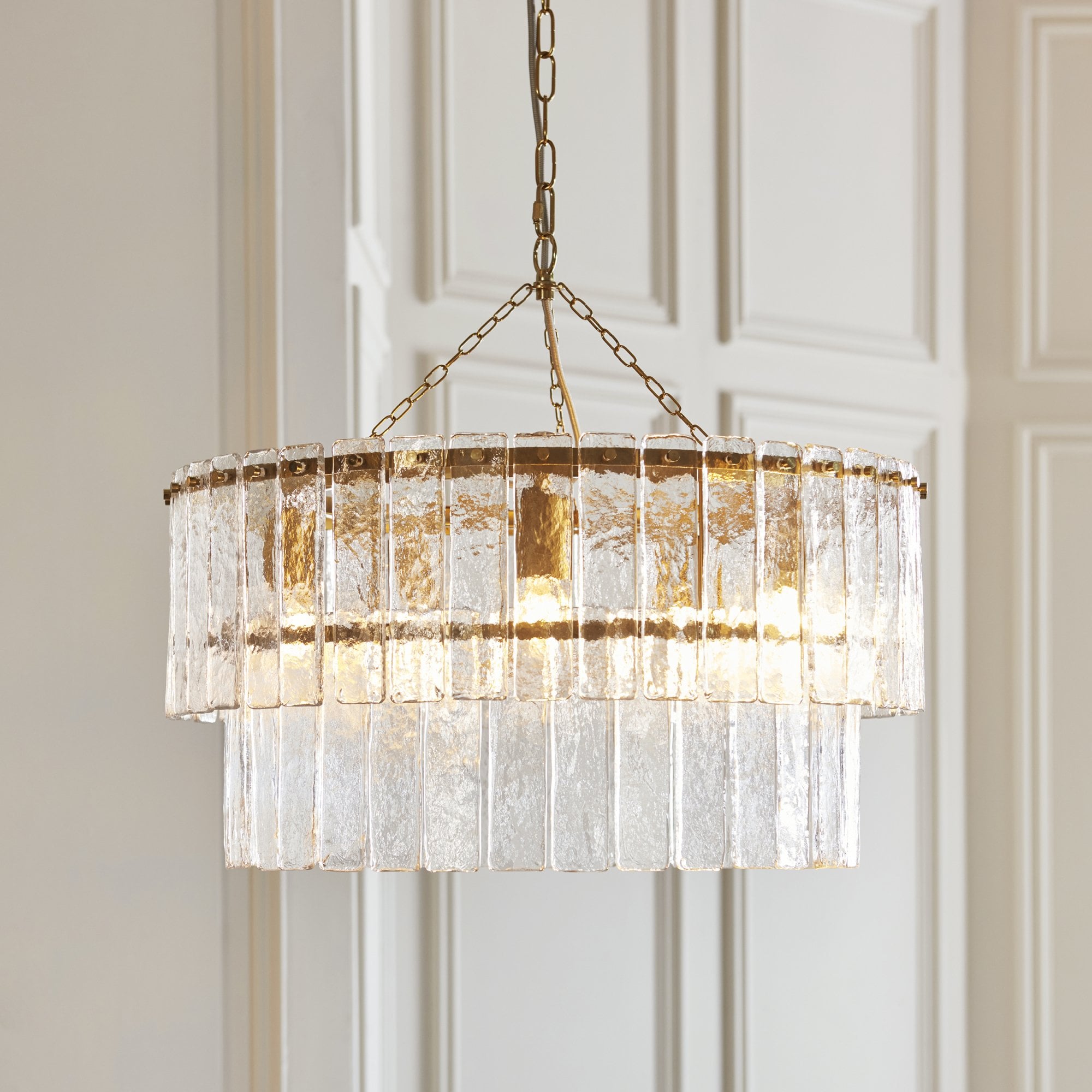 118469 Karine 5 Light Tiered Pendant Brushed Aged Brass Plate & Clear Handmade Textured Glass