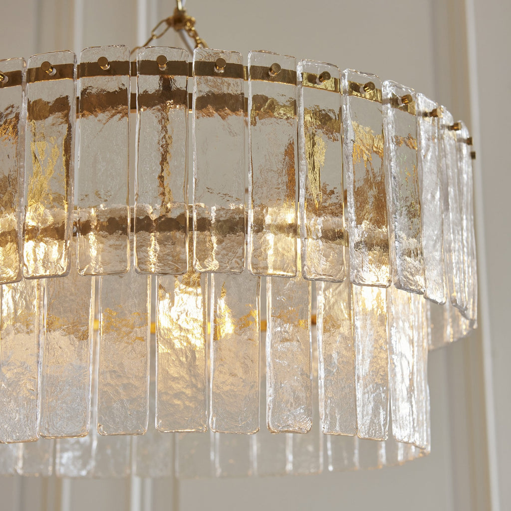 118469 Karine 5 Light Tiered Pendant Brushed Aged Brass Plate & Clear Handmade Textured Glass