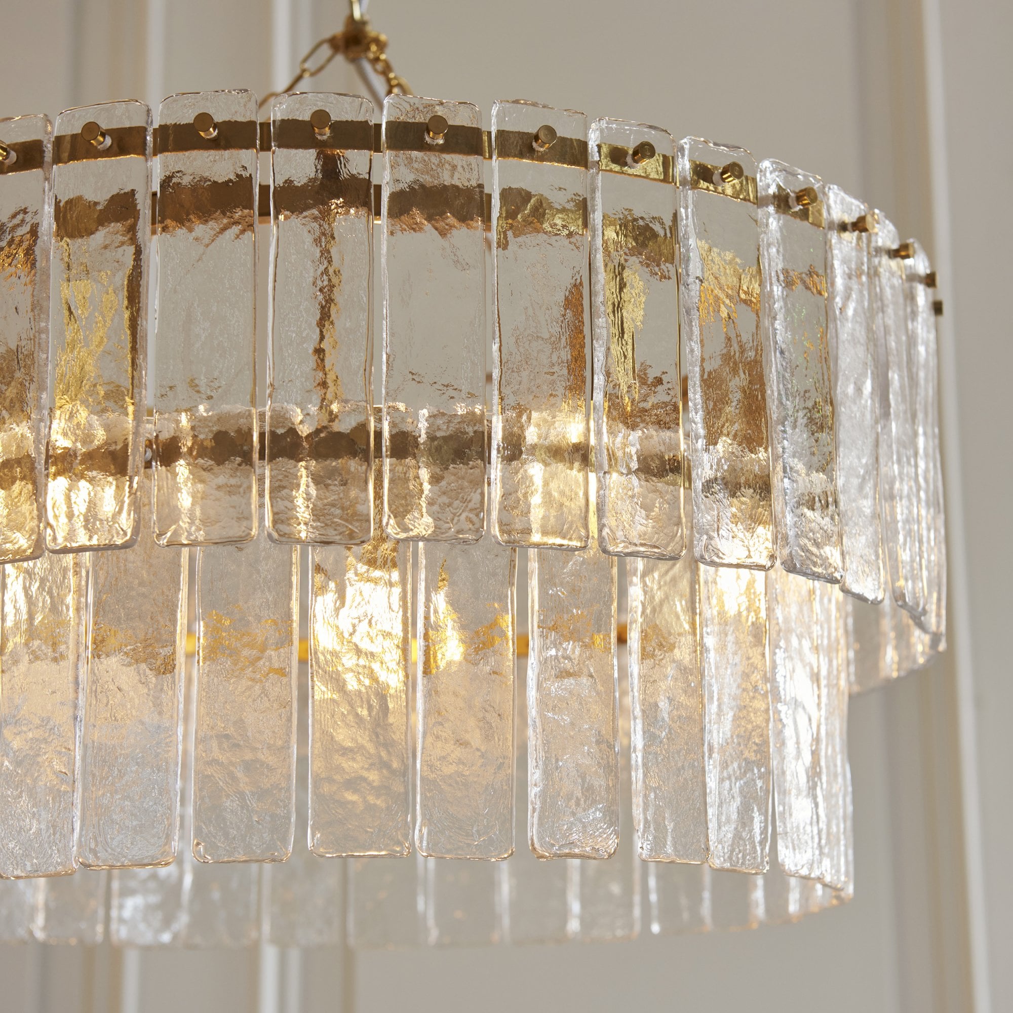 118469 Karine 5 Light Tiered Pendant Brushed Aged Brass Plate & Clear Handmade Textured Glass