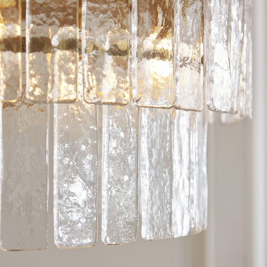 118469 Karine 5 Light Tiered Pendant Brushed Aged Brass Plate & Clear Handmade Textured Glass