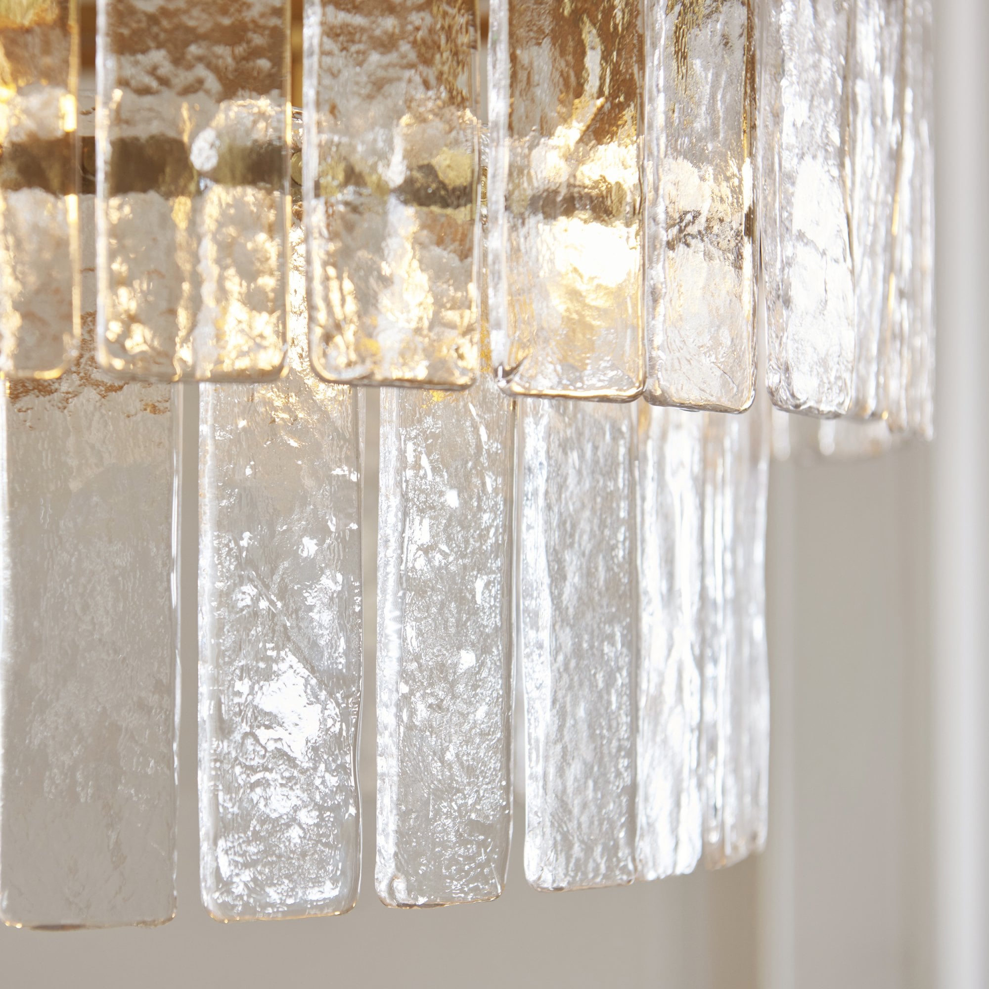118469 Karine 5 Light Tiered Pendant Brushed Aged Brass Plate & Clear Handmade Textured Glass