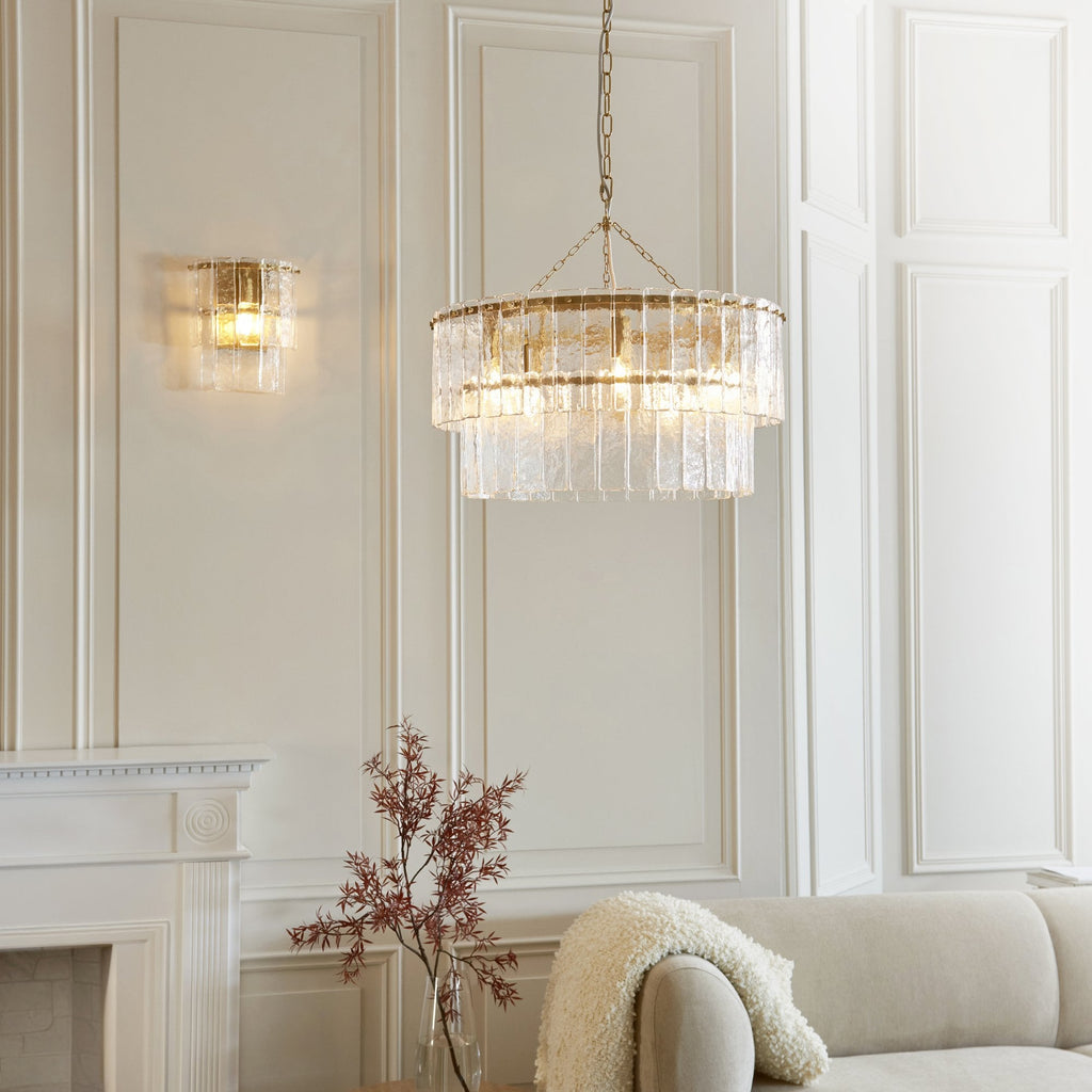 118469 Karine 5 Light Tiered Pendant Brushed Aged Brass Plate & Clear Handmade Textured Glass