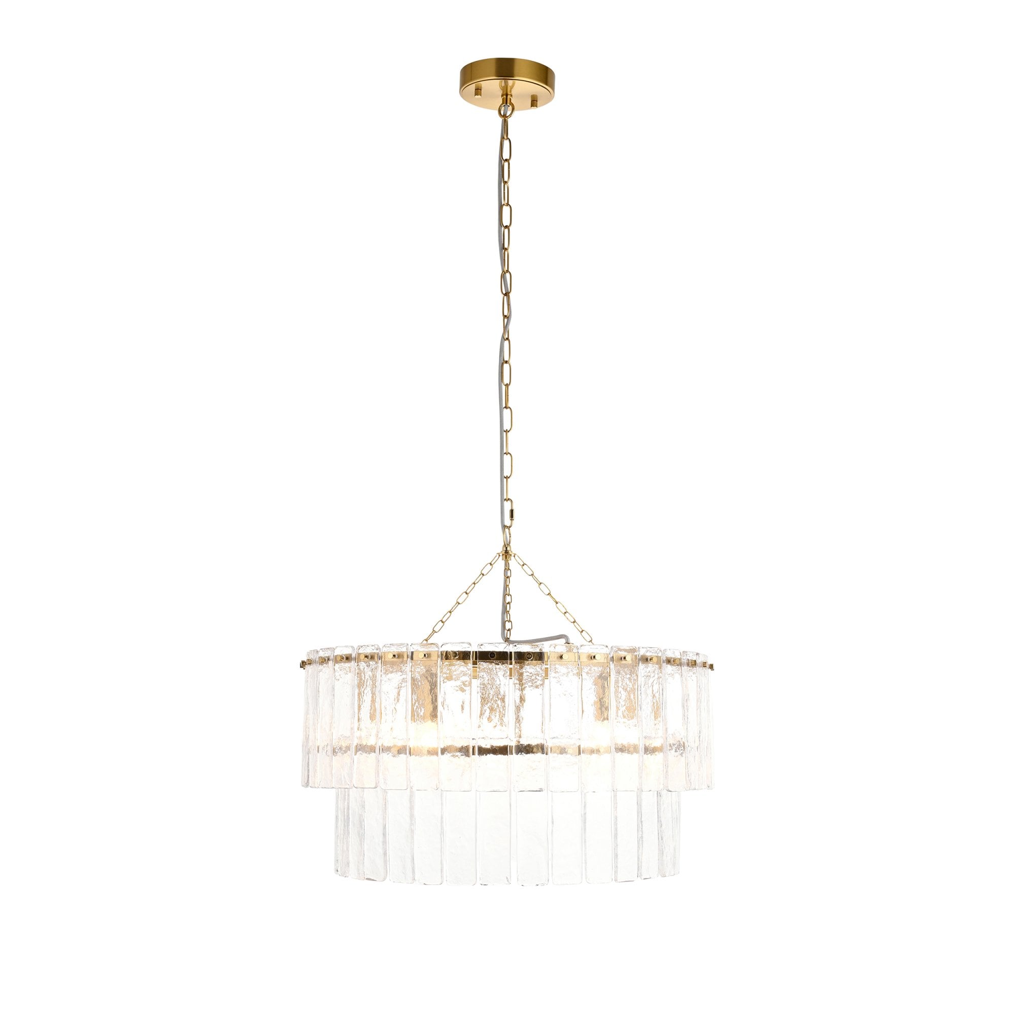 118469 Karine 5 Light Tiered Pendant Brushed Aged Brass Plate & Clear Handmade Textured Glass