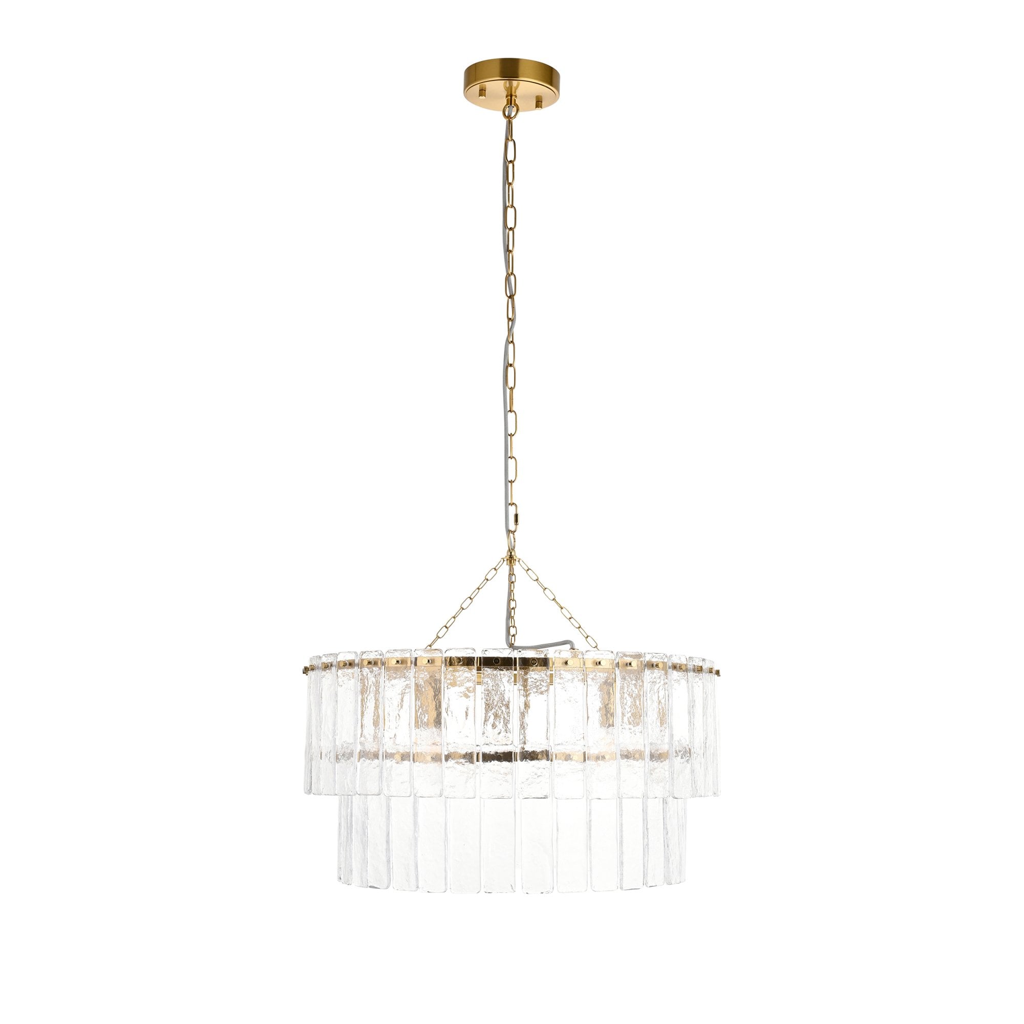 118469 Karine 5 Light Tiered Pendant Brushed Aged Brass Plate & Clear Handmade Textured Glass