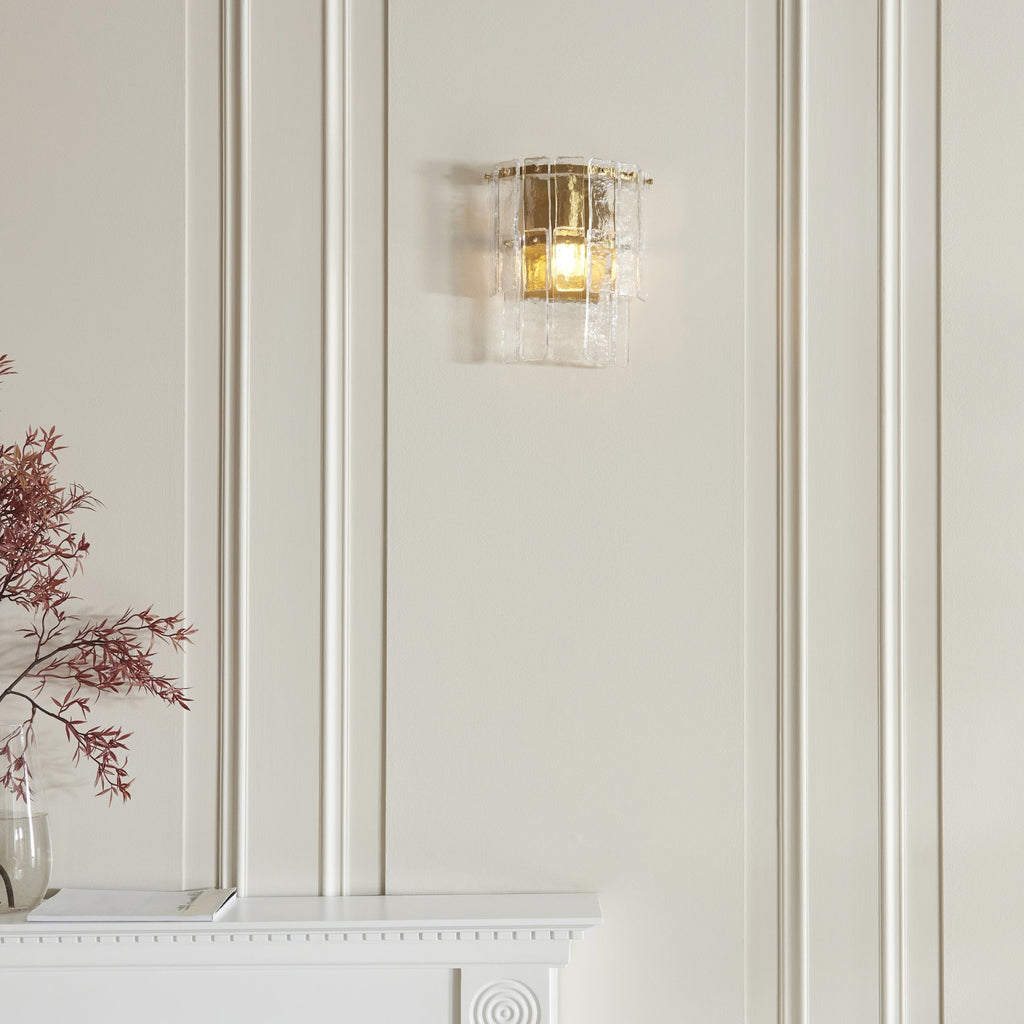 118470 Karine Wall Light Brushed Aged Brass Plate & Clear Handmade Textured Glass