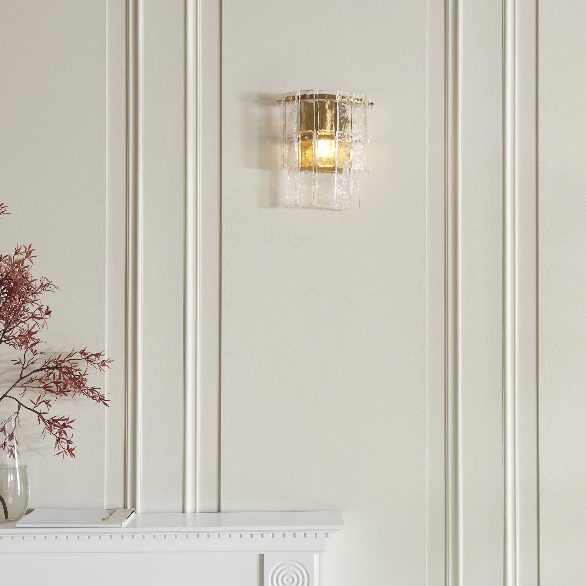 118470 Karine Wall Light Brushed Aged Brass Plate & Clear Handmade Textured Glass