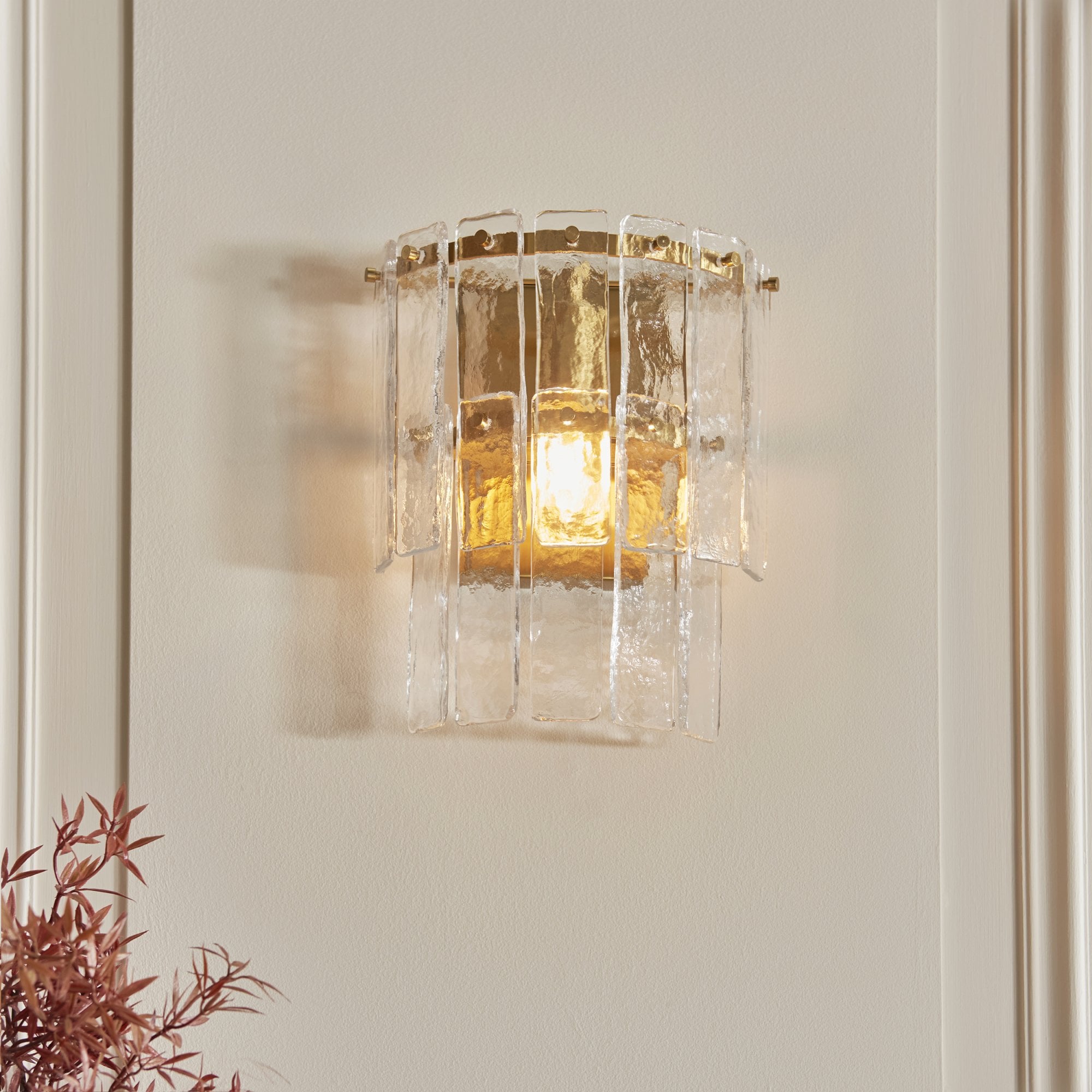 118470 Karine Wall Light Brushed Aged Brass Plate & Clear Handmade Textured Glass