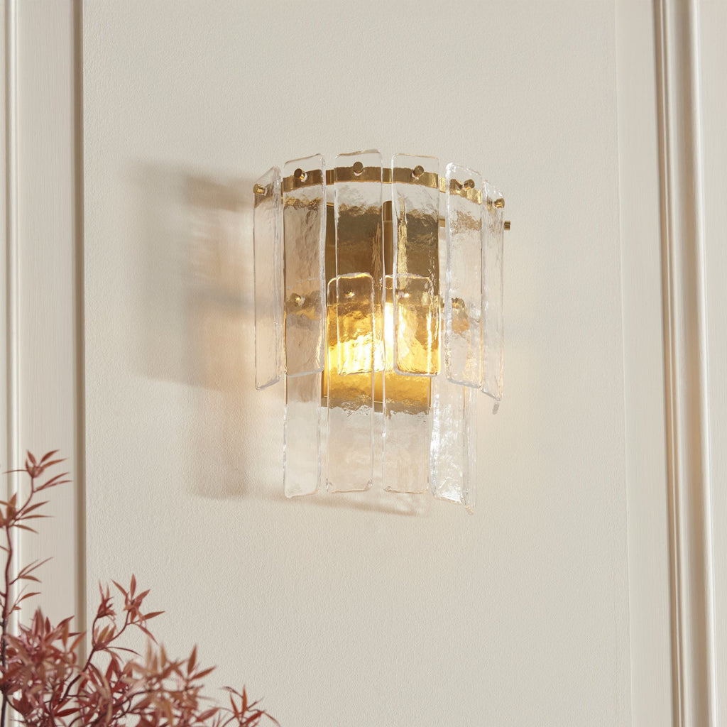 118470 Karine Wall Light Brushed Aged Brass Plate & Clear Handmade Textured Glass