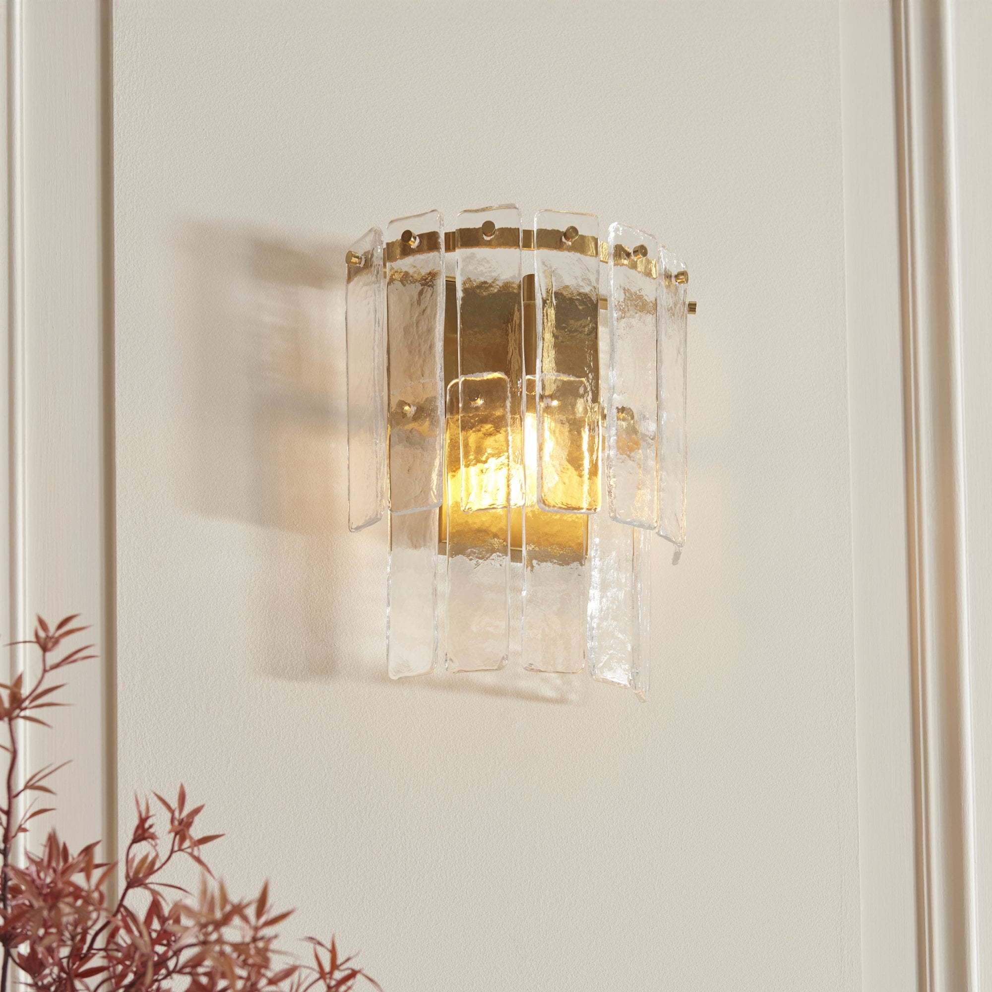 118470 Karine Wall Light Brushed Aged Brass Plate & Clear Handmade Textured Glass
