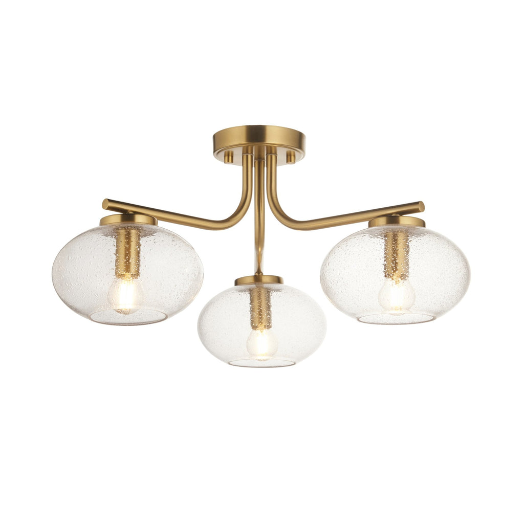 118507 Jacob 3 Light Semi Flush Ceiling Light Warm Brass Plate & Clear Bubble Glass