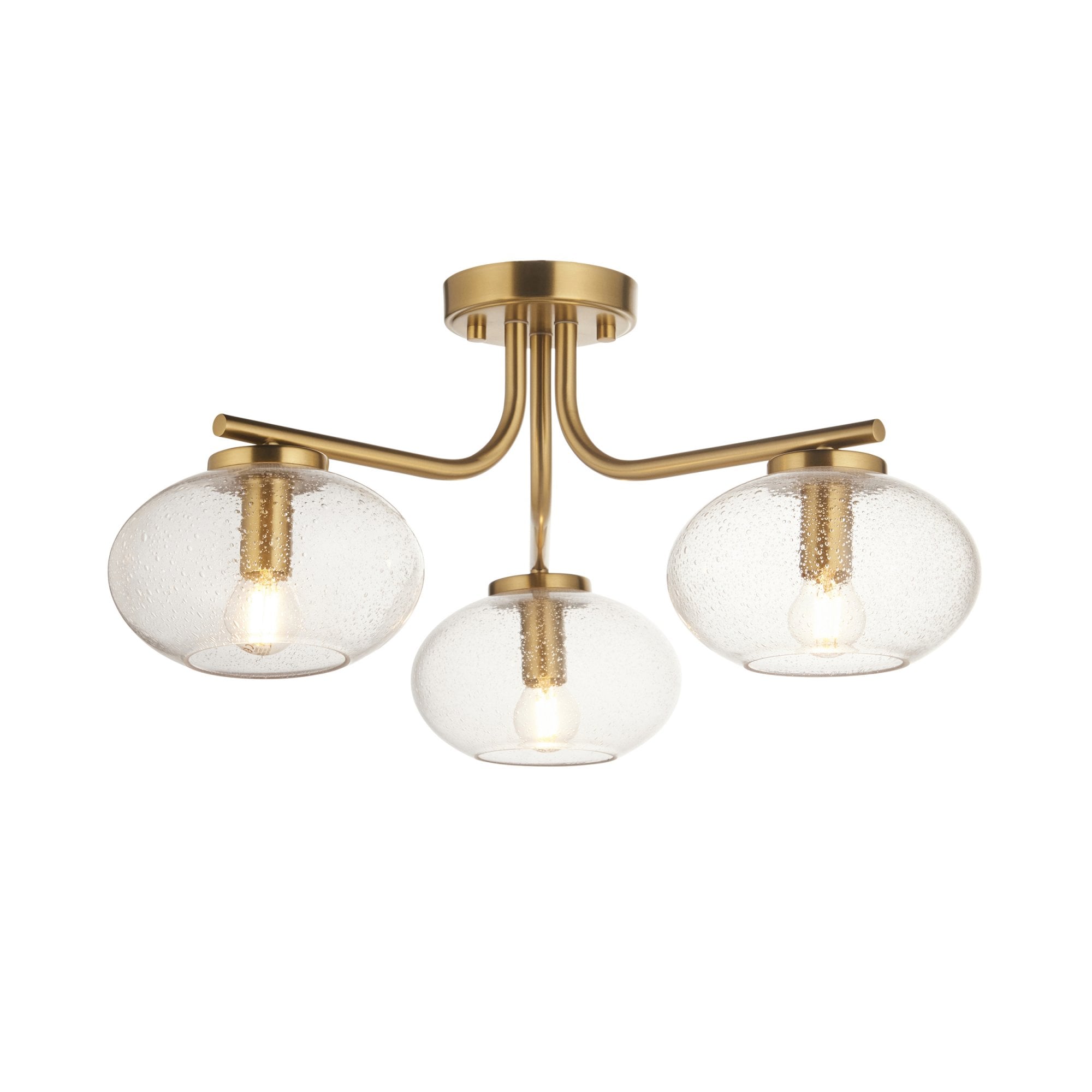 118507 Jacob 3 Light Semi Flush Ceiling Light Warm Brass Plate & Clear Bubble Glass