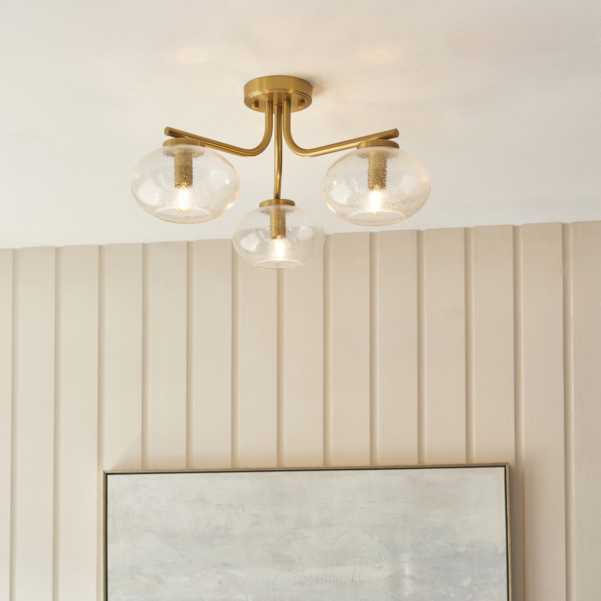 118507 Jacob 3 Light Semi Flush Ceiling Light Warm Brass Plate & Clear Bubble Glass