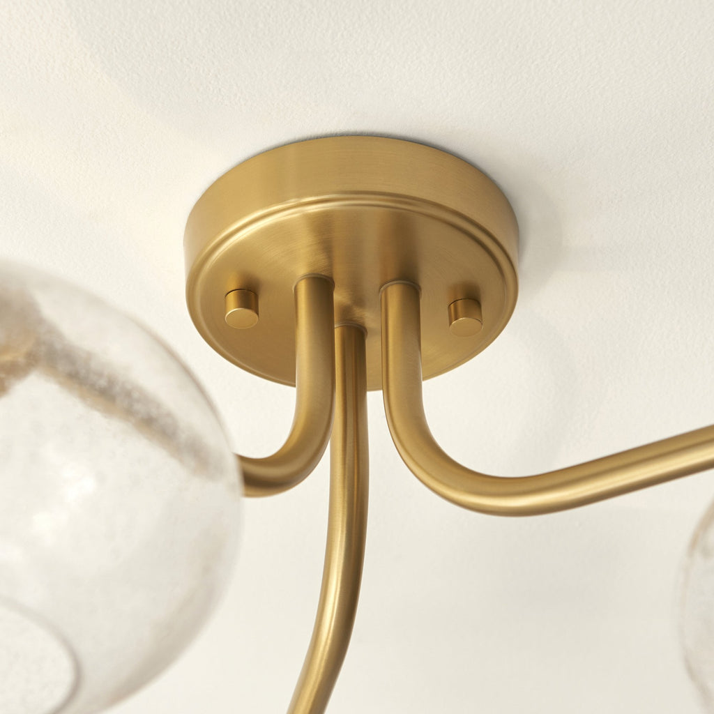 118507 Jacob 3 Light Semi Flush Ceiling Light Warm Brass Plate & Clear Bubble Glass
