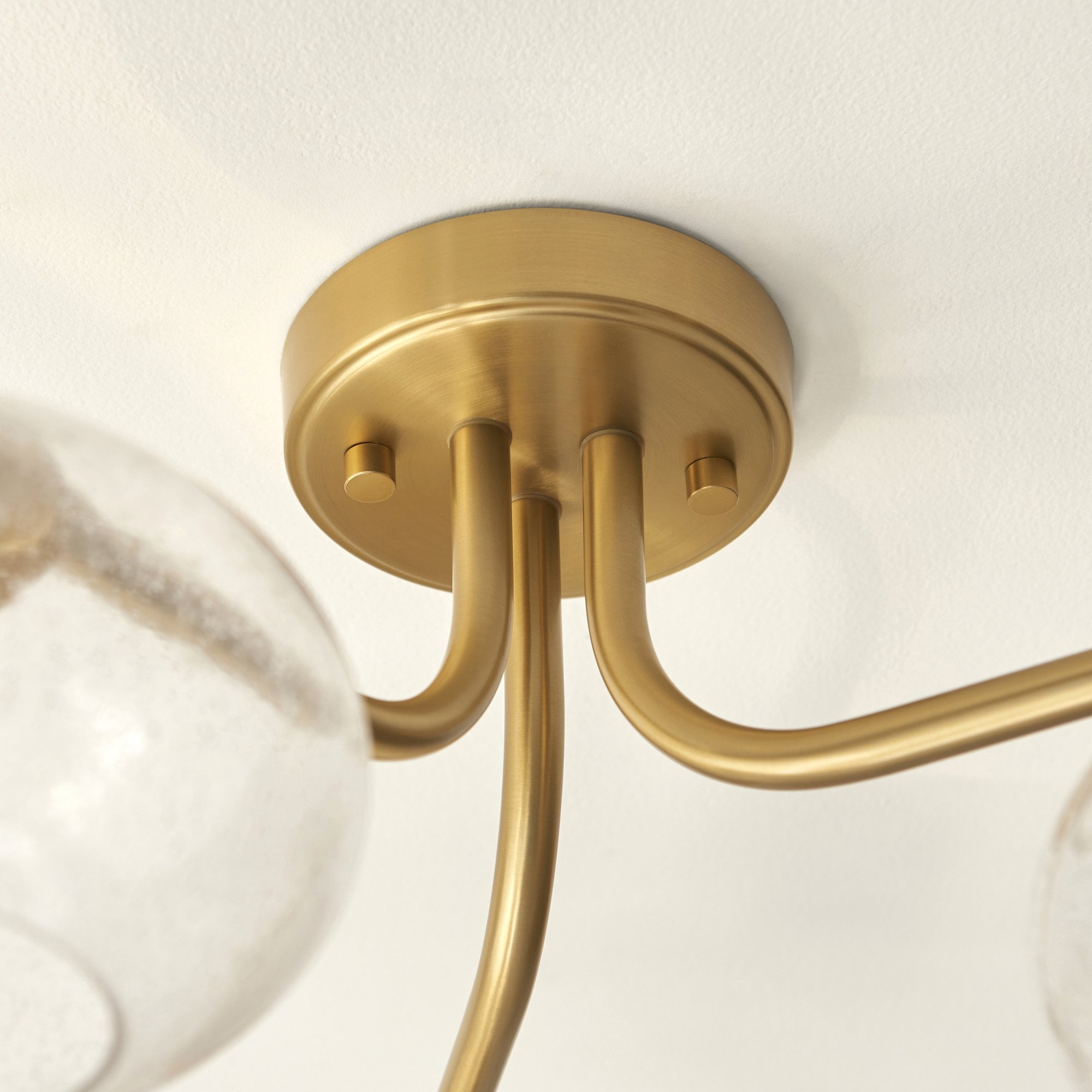 118507 Jacob 3 Light Semi Flush Ceiling Light Warm Brass Plate & Clear Bubble Glass