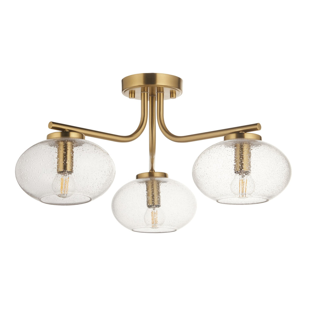 118507 Jacob 3 Light Semi Flush Ceiling Light Warm Brass Plate & Clear Bubble Glass