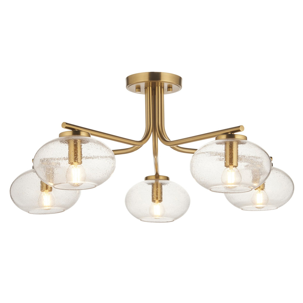 118508 Jacob 5 Light Semi Flush Ceiling Light Warm Brass Plate & Clear Bubble Glass
