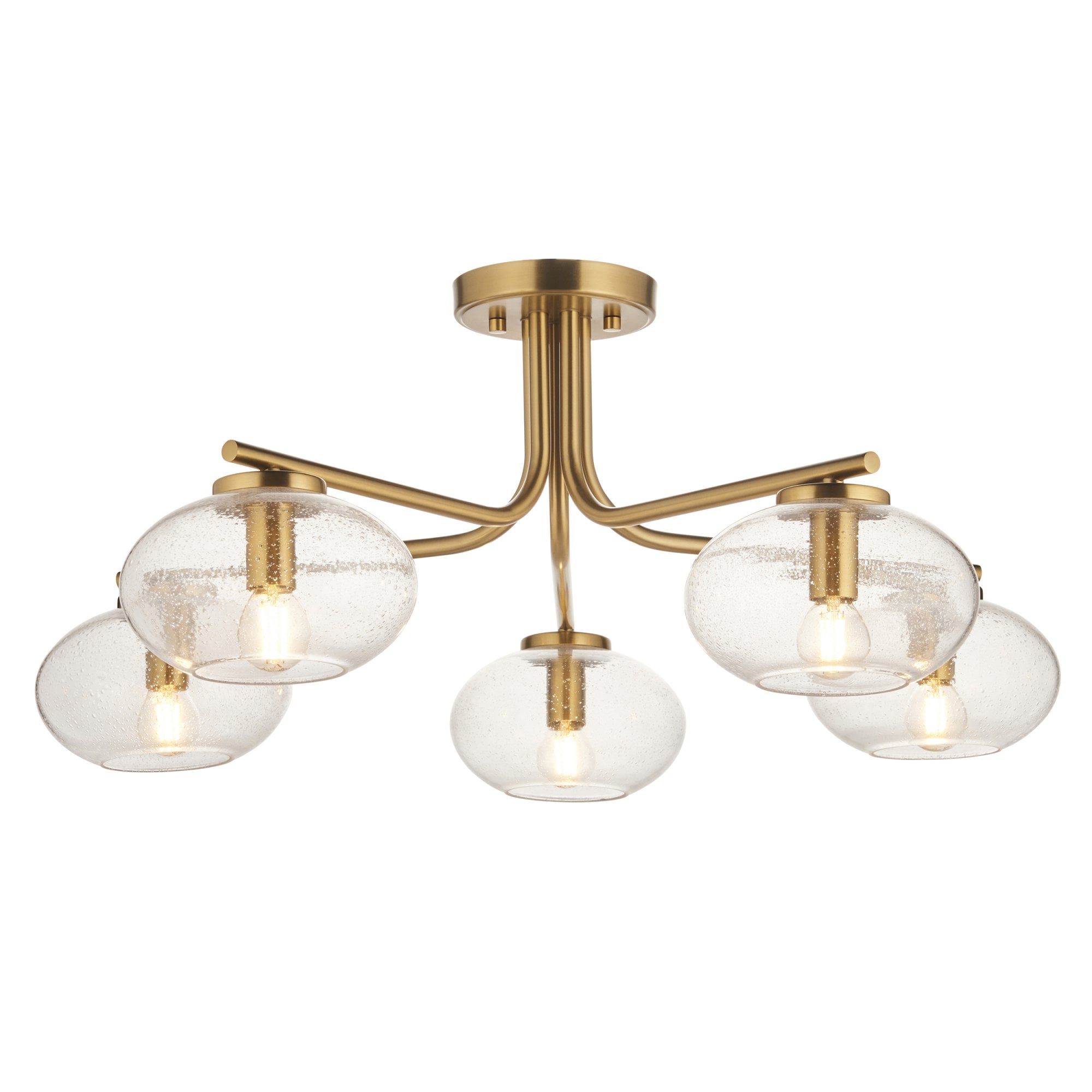 118508 Jacob 5 Light Semi Flush Ceiling Light Warm Brass Plate & Clear Bubble Glass