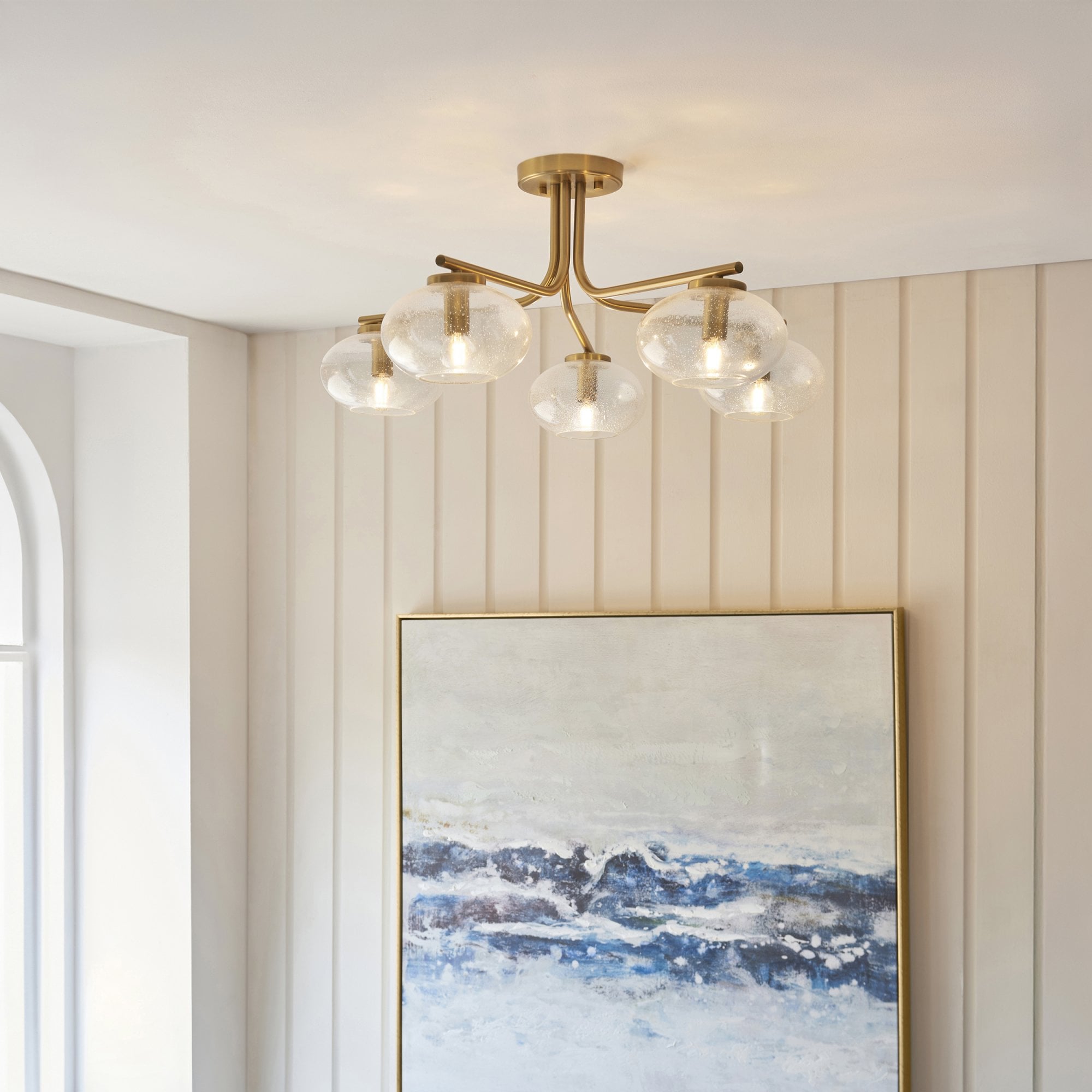 118508 Jacob 5 Light Semi Flush Ceiling Light Warm Brass Plate & Clear Bubble Glass