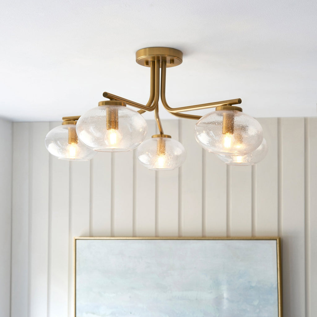 118508 Jacob 5 Light Semi Flush Ceiling Light Warm Brass Plate & Clear Bubble Glass