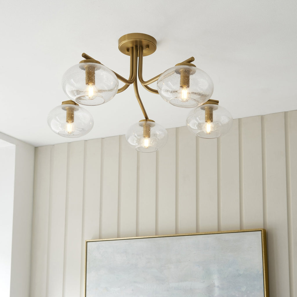 118508 Jacob 5 Light Semi Flush Ceiling Light Warm Brass Plate & Clear Bubble Glass