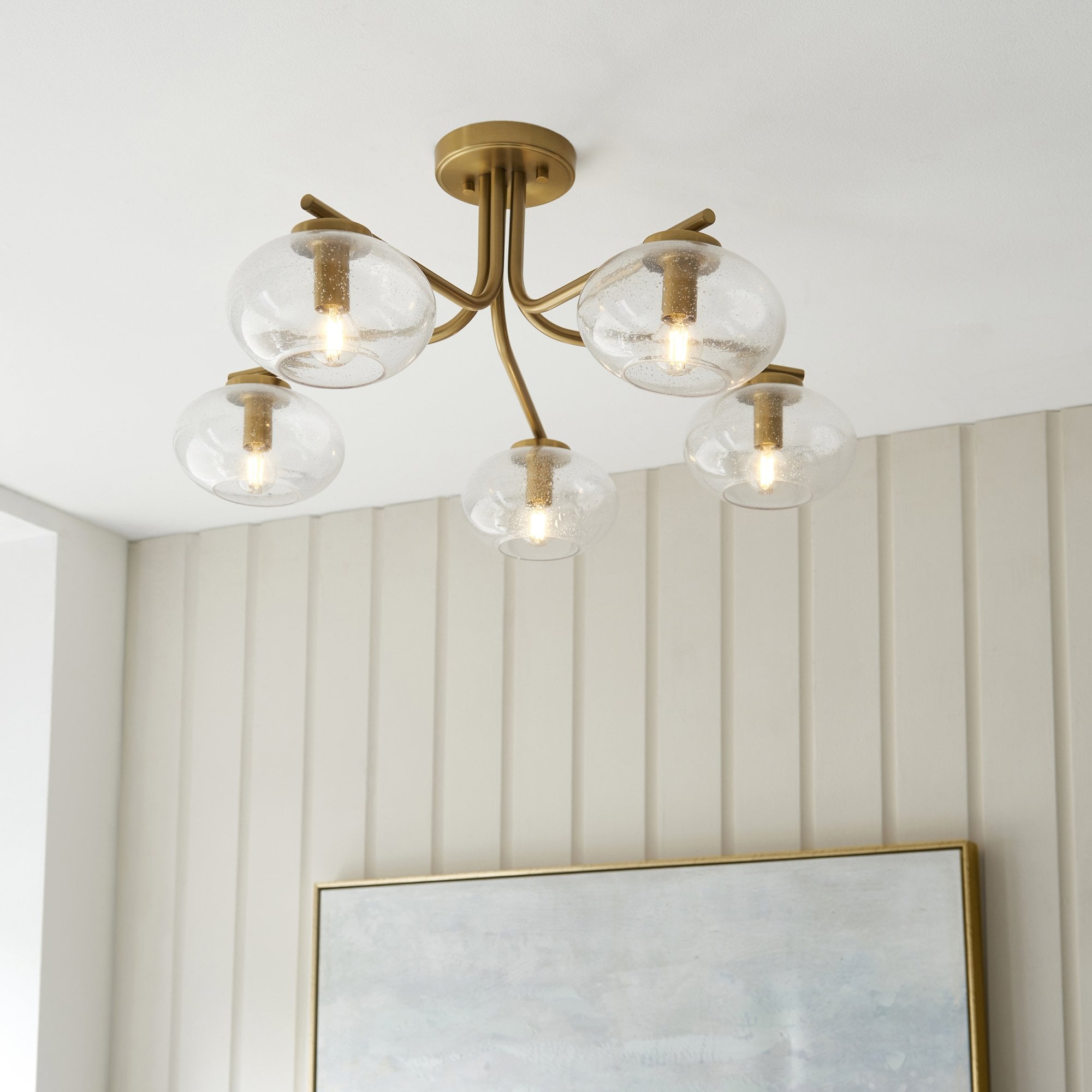 118508 Jacob 5 Light Semi Flush Ceiling Light Warm Brass Plate & Clear Bubble Glass