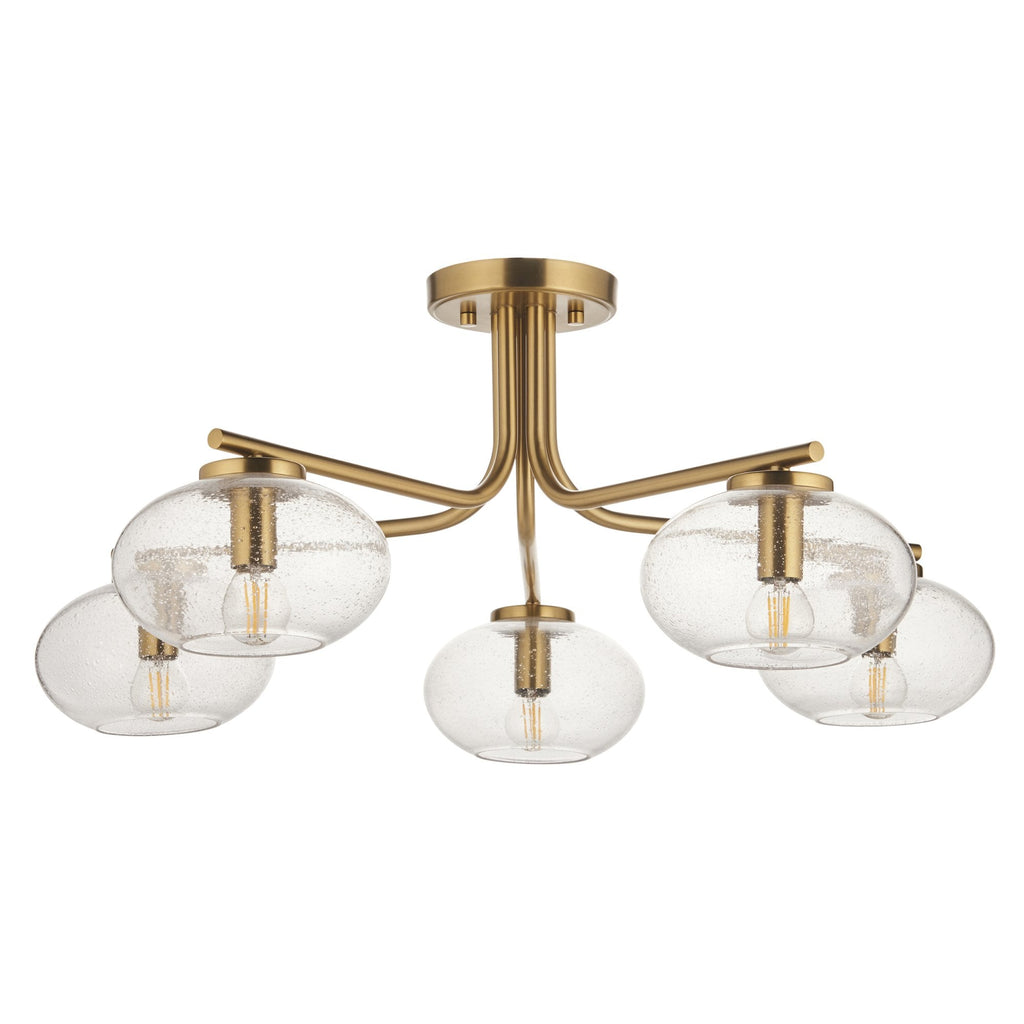 118508 Jacob 5 Light Semi Flush Ceiling Light Warm Brass Plate & Clear Bubble Glass