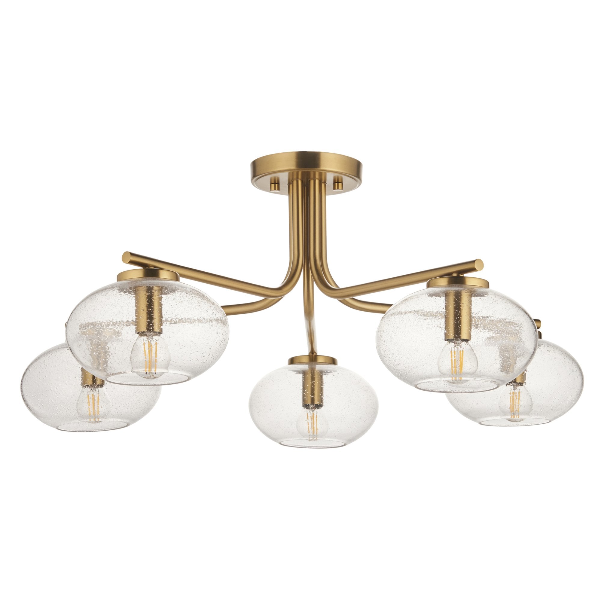 118508 Jacob 5 Light Semi Flush Ceiling Light Warm Brass Plate & Clear Bubble Glass