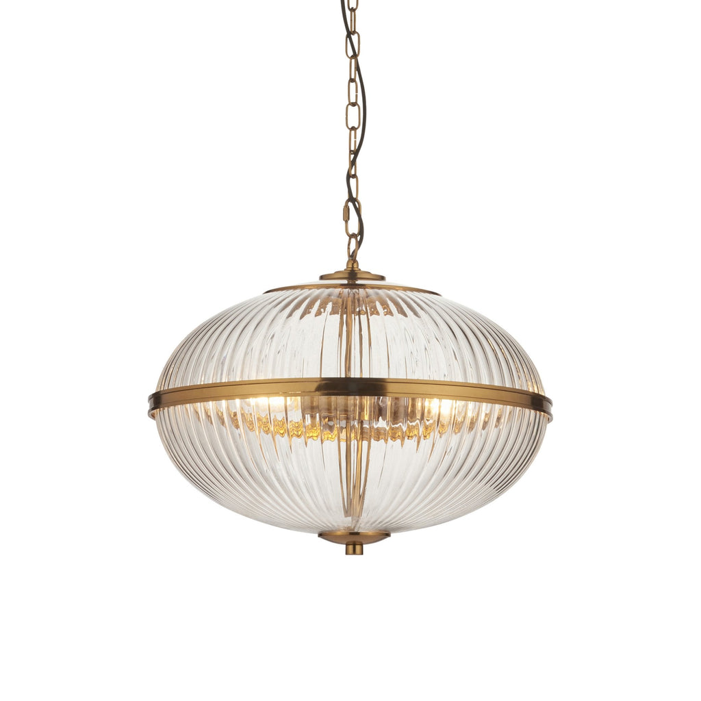 118580 Somerset 3 Light Pendant Vintage Brass Finish & Clear Ribbed Glass