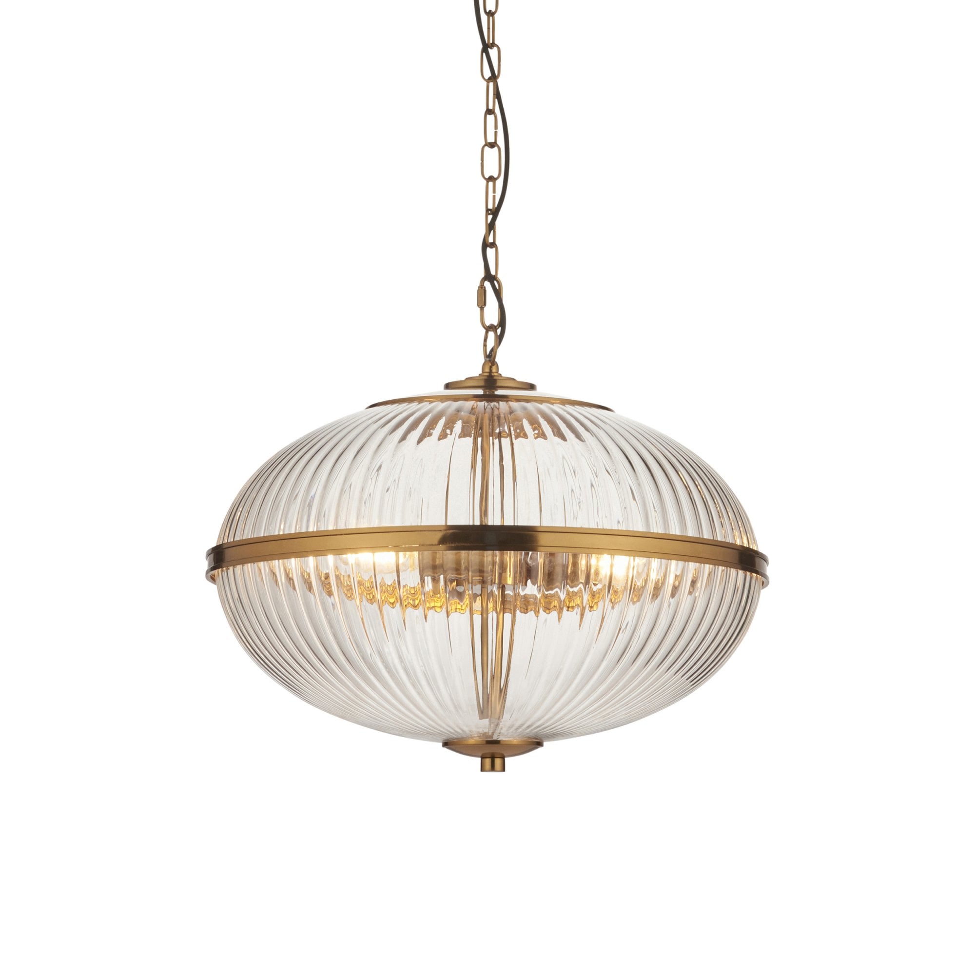 118580 Somerset 3 Light Pendant Vintage Brass Finish & Clear Ribbed Glass