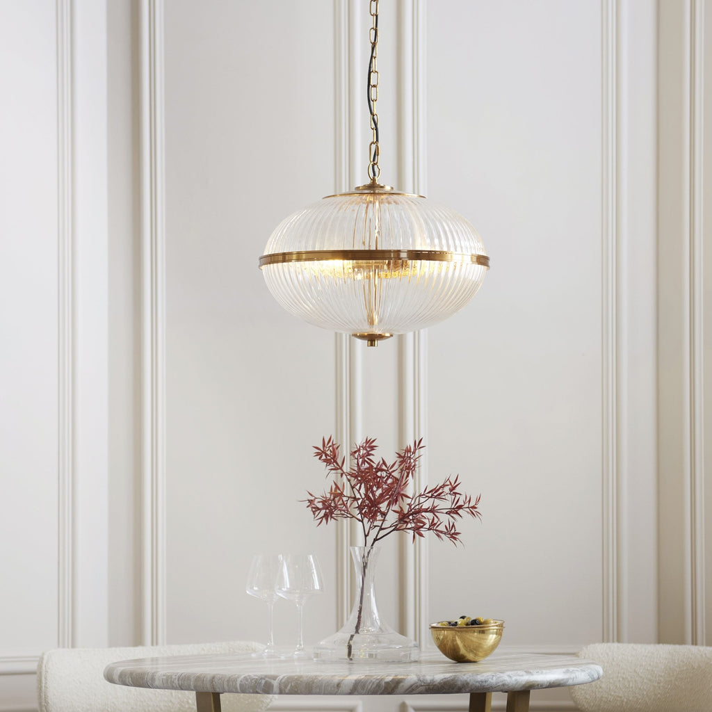 118580 Somerset 3 Light Pendant Vintage Brass Finish & Clear Ribbed Glass