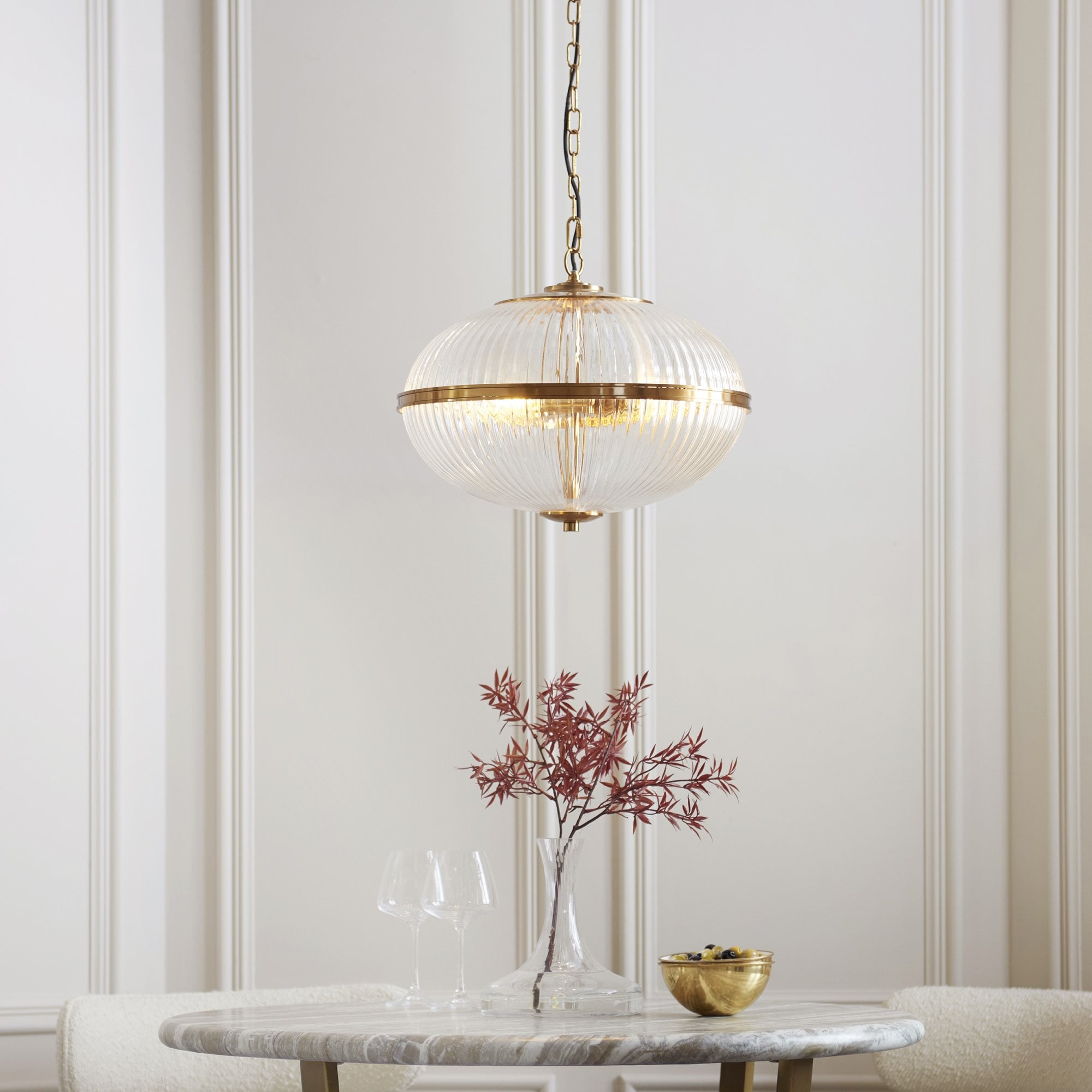 118580 Somerset 3 Light Pendant Vintage Brass Finish & Clear Ribbed Glass