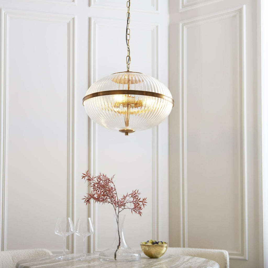 118580 Somerset 3 Light Pendant Vintage Brass Finish & Clear Ribbed Glass