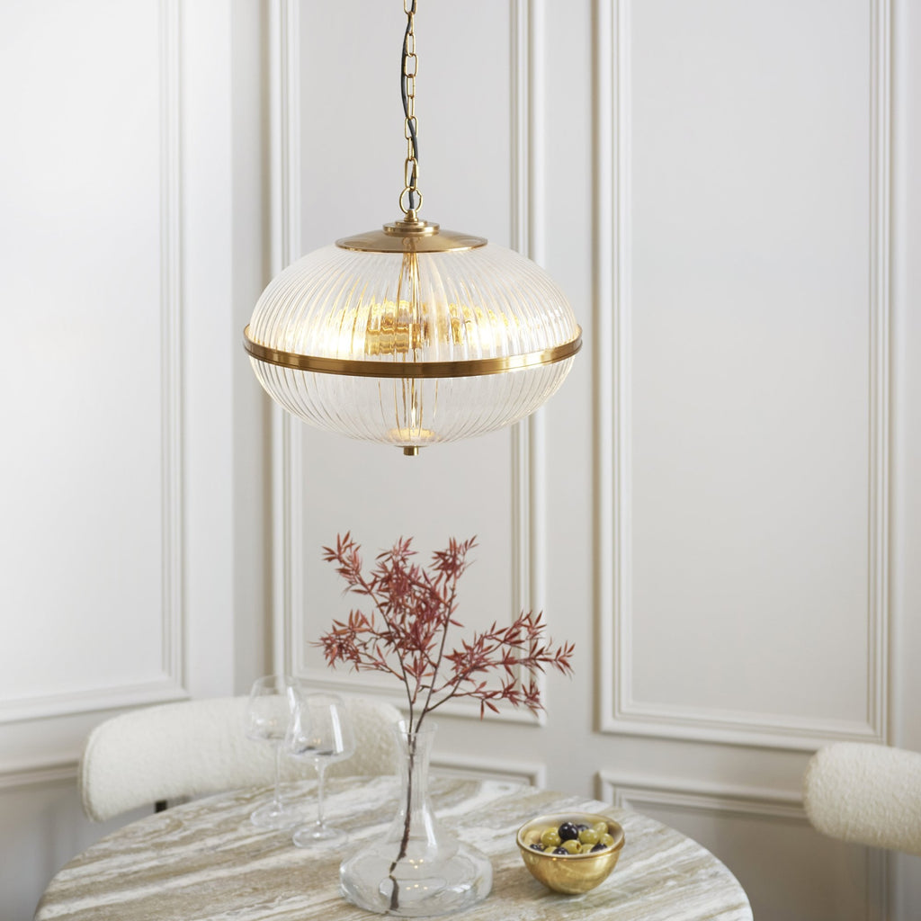 118580 Somerset 3 Light Pendant Vintage Brass Finish & Clear Ribbed Glass