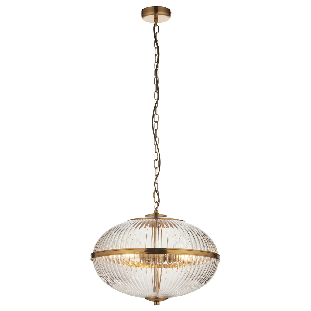 118580 Somerset 3 Light Pendant Vintage Brass Finish & Clear Ribbed Glass