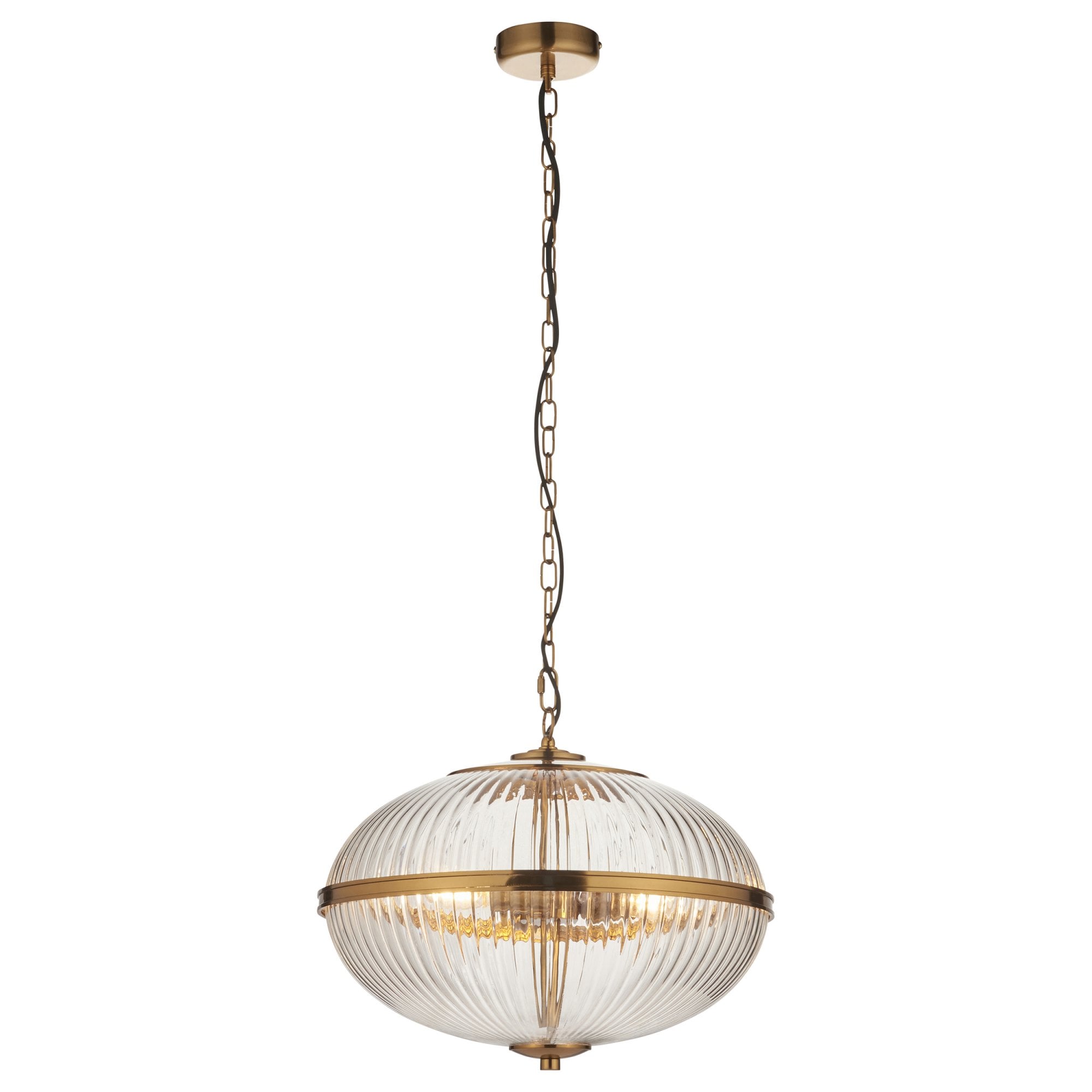 118580 Somerset 3 Light Pendant Vintage Brass Finish & Clear Ribbed Glass