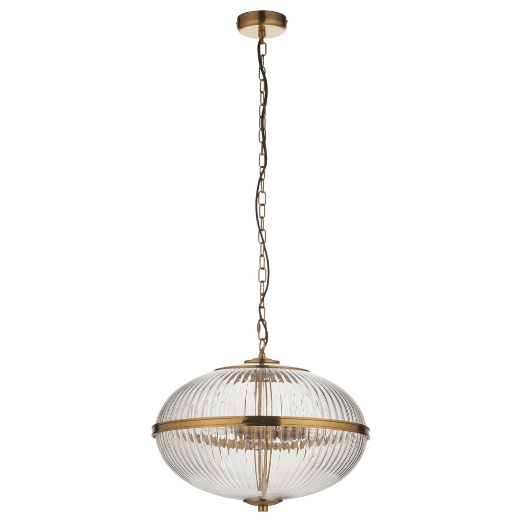 118580 Somerset 3 Light Pendant Vintage Brass Finish & Clear Ribbed Glass