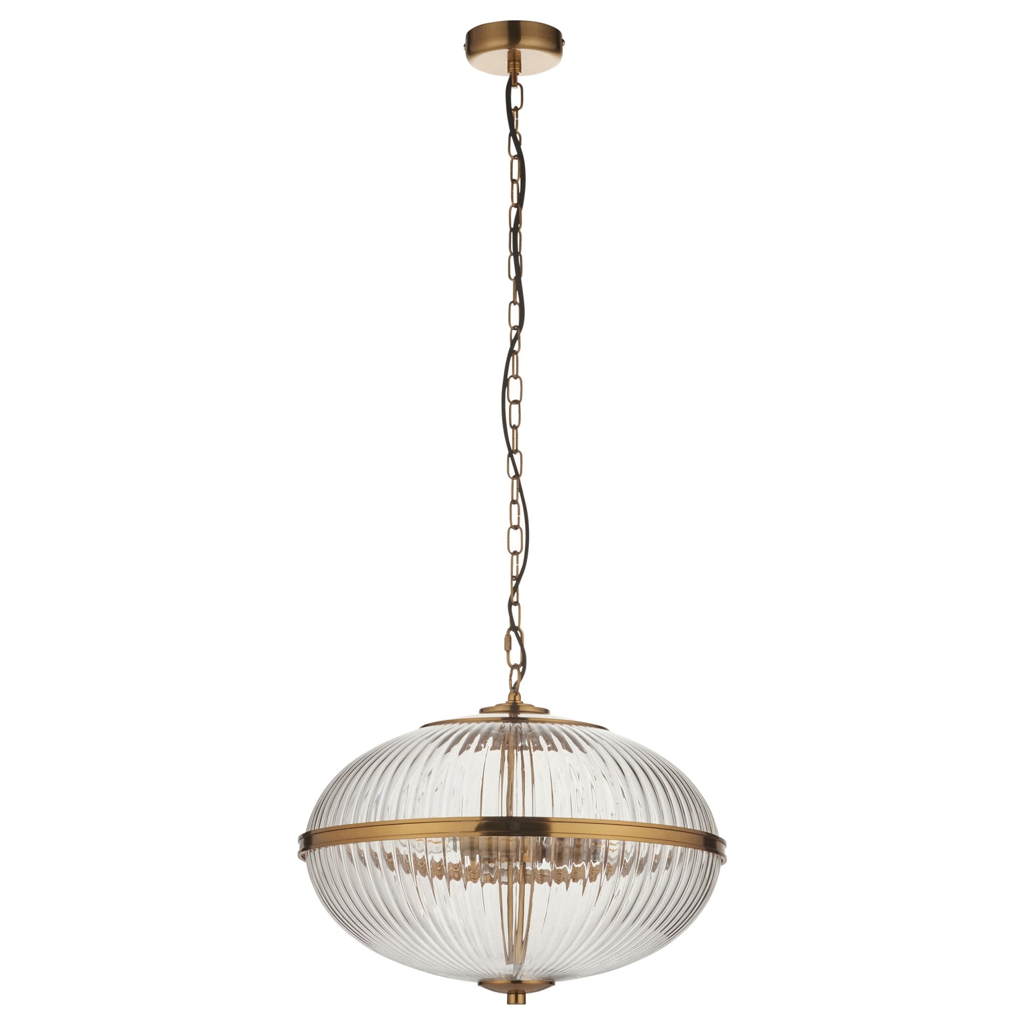 118580 Somerset 3 Light Pendant Vintage Brass Finish & Clear Ribbed Glass