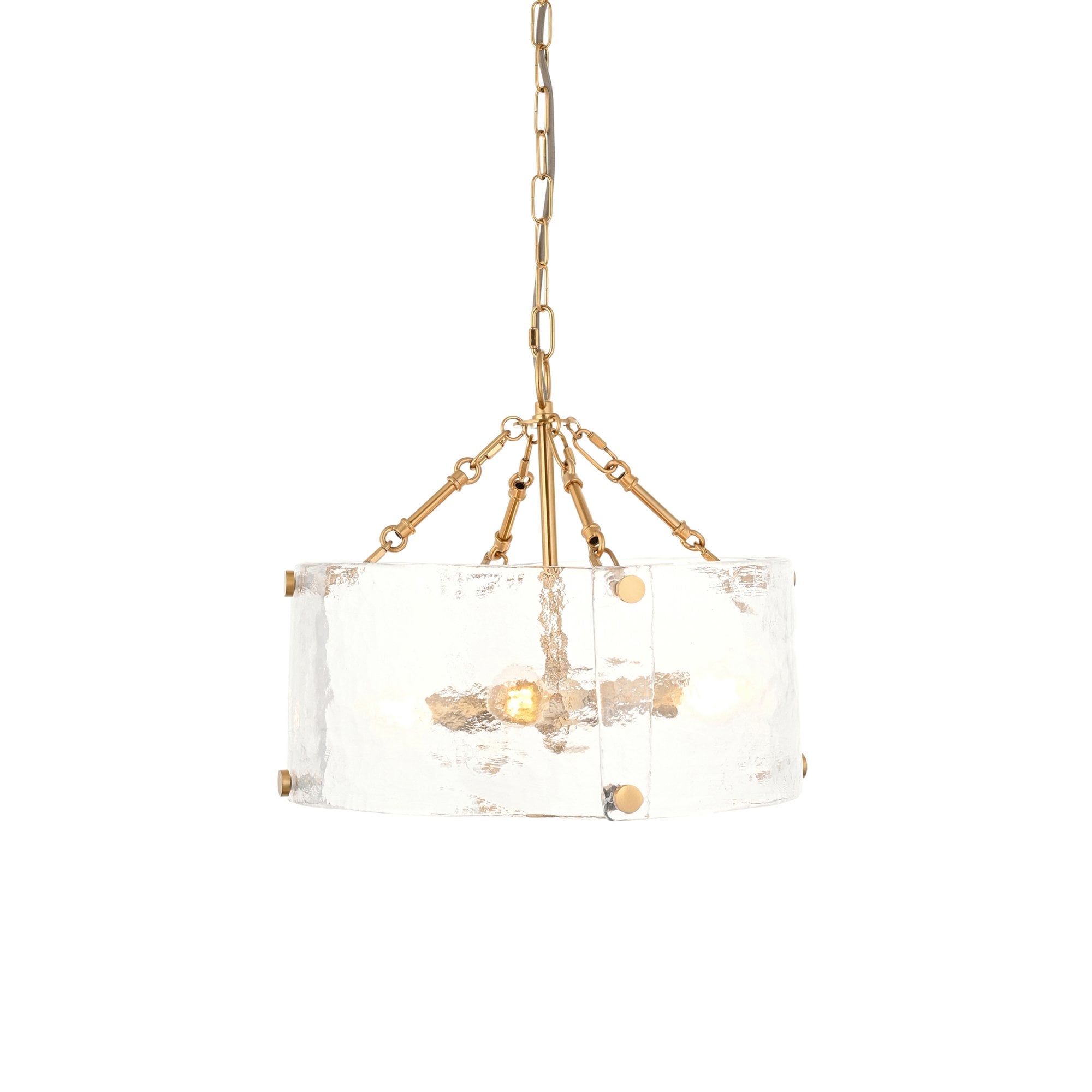 118583 Keller 4 Light Pendant Brushed Aged Brass Plate & Handmade Textured Clear Glass
