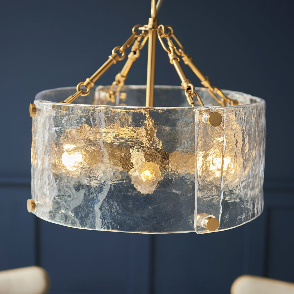 118583 Keller 4 Light Pendant Brushed Aged Brass Plate & Handmade Textured Clear Glass