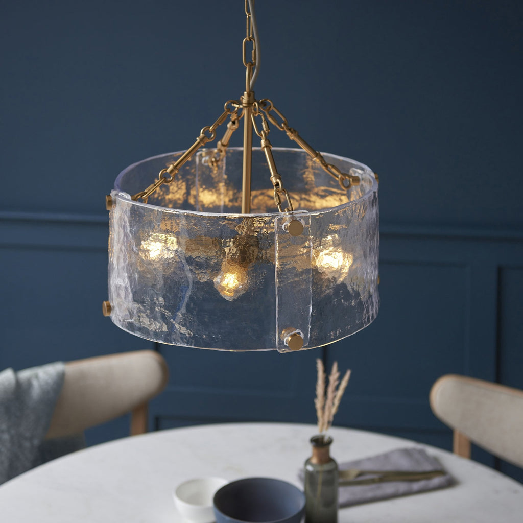 118583 Keller 4 Light Pendant Brushed Aged Brass Plate & Handmade Textured Clear Glass