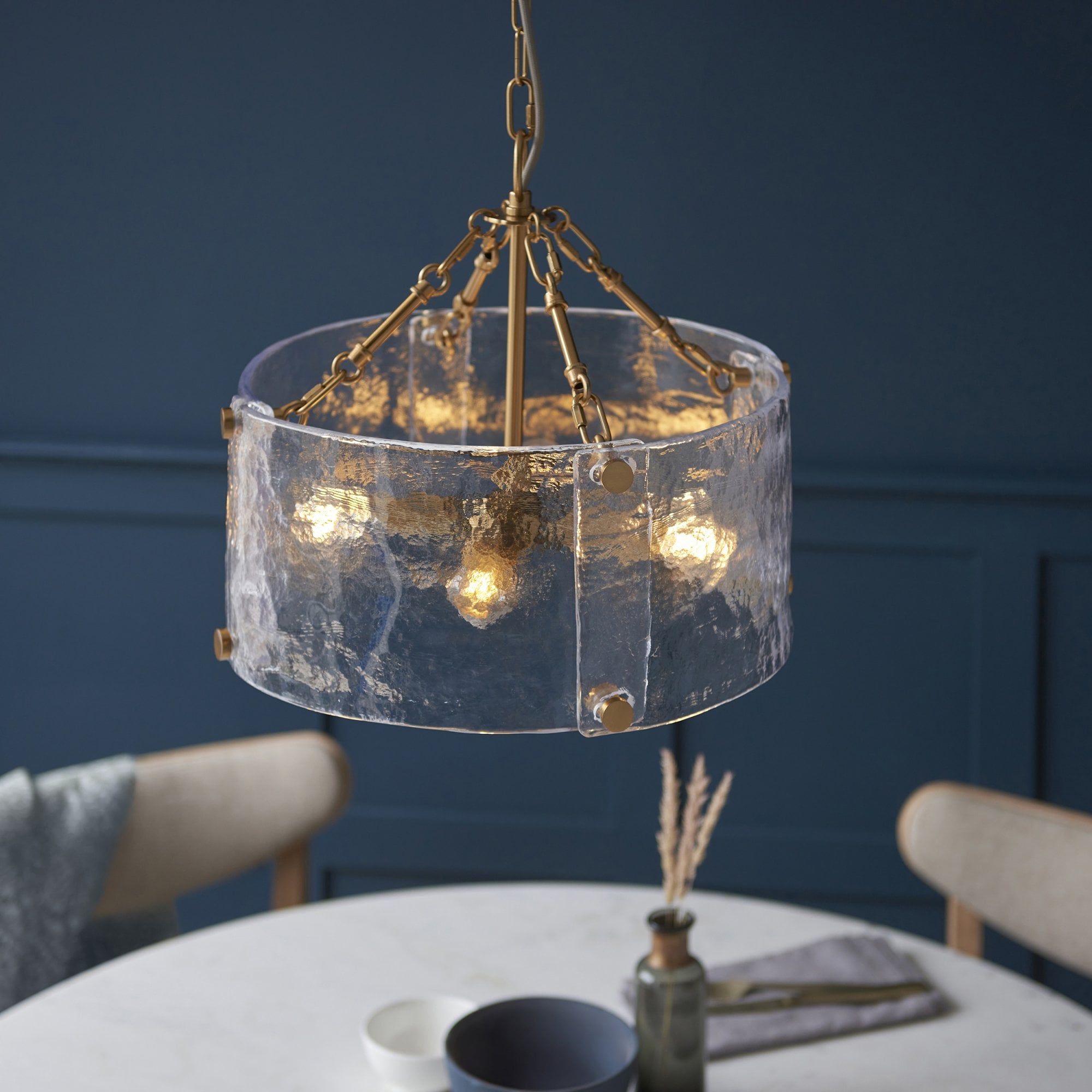 118583 Keller 4 Light Pendant Brushed Aged Brass Plate & Handmade Textured Clear Glass
