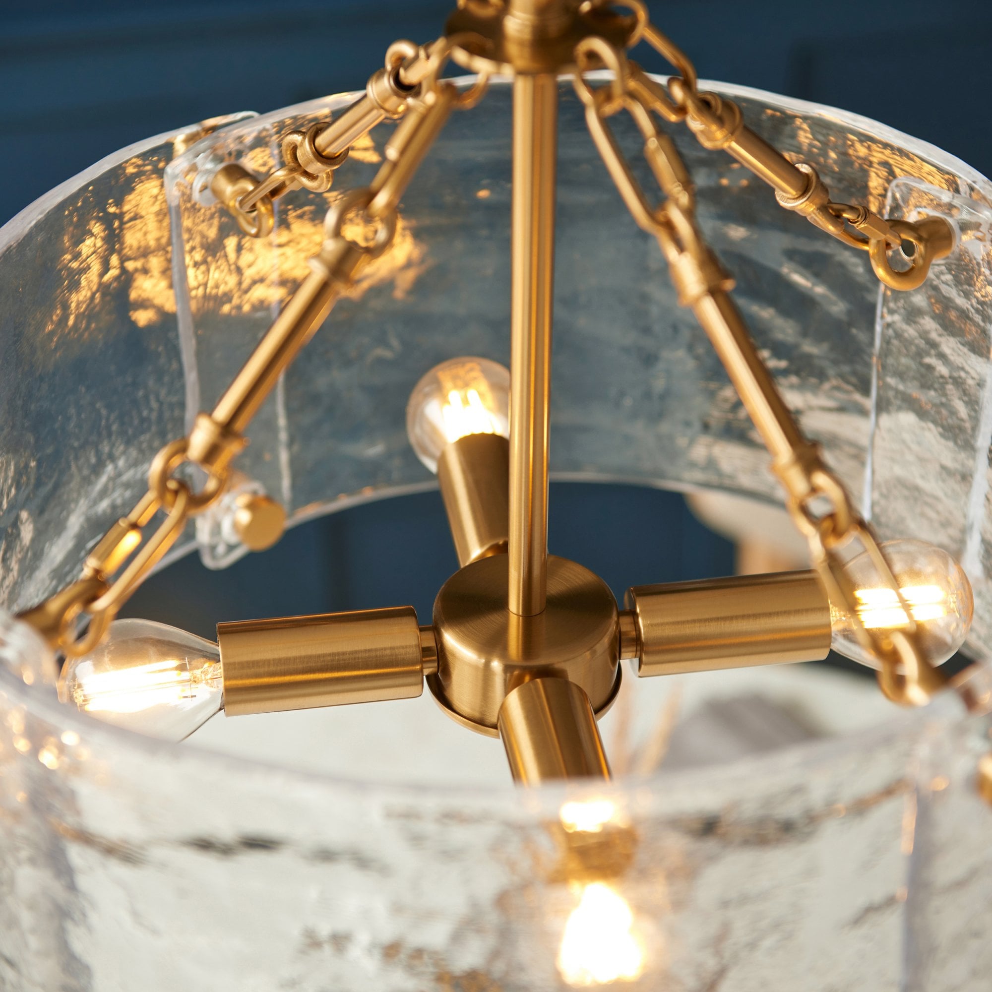 118583 Keller 4 Light Pendant Brushed Aged Brass Plate & Handmade Textured Clear Glass