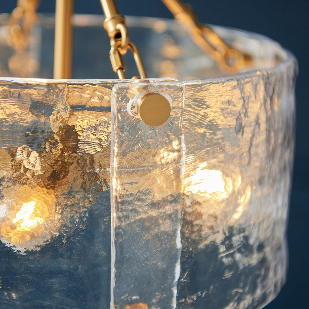118583 Keller 4 Light Pendant Brushed Aged Brass Plate & Handmade Textured Clear Glass