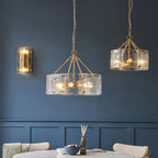 118583 Keller 4 Light Pendant Brushed Aged Brass Plate & Handmade Textured Clear Glass