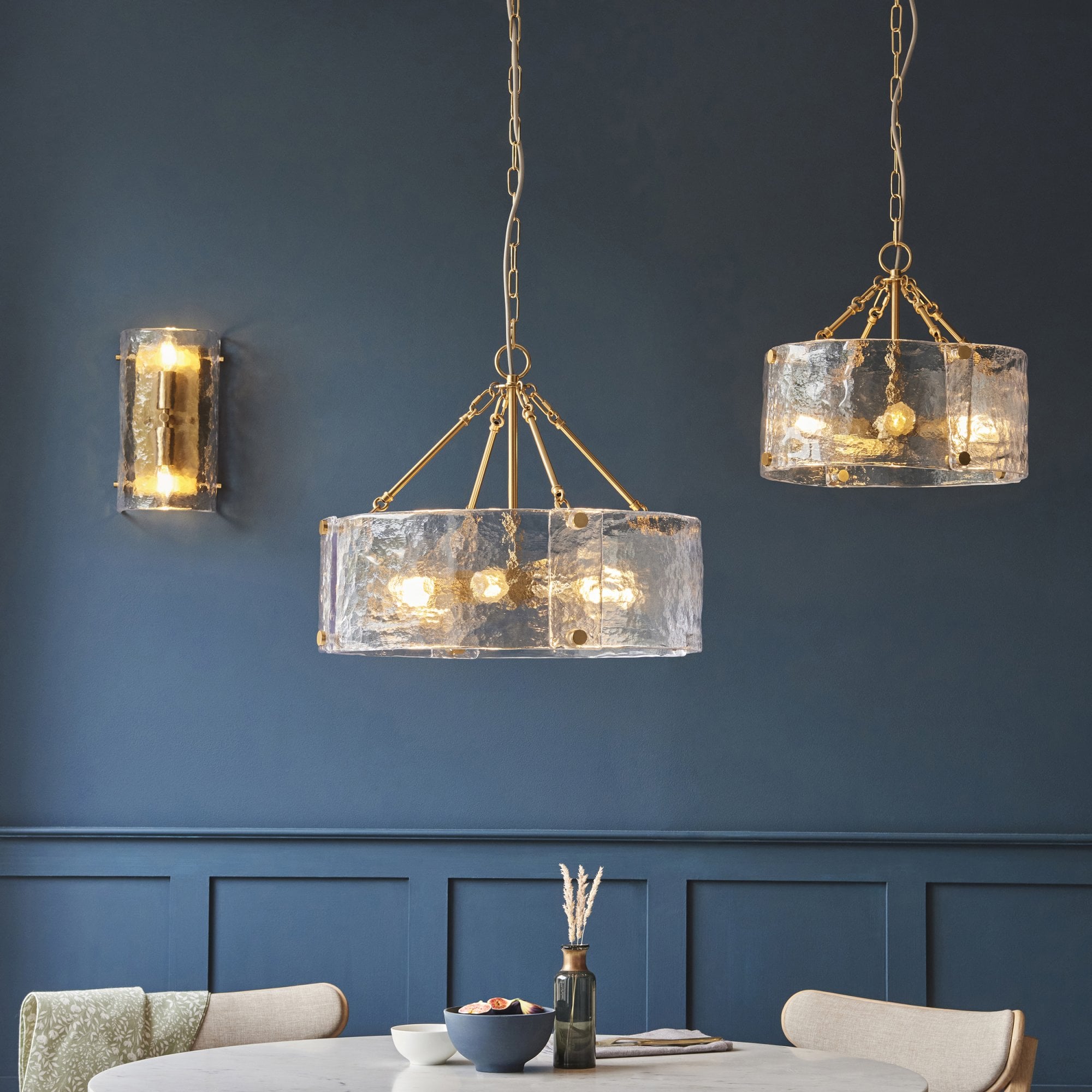 118583 Keller 4 Light Pendant Brushed Aged Brass Plate & Handmade Textured Clear Glass