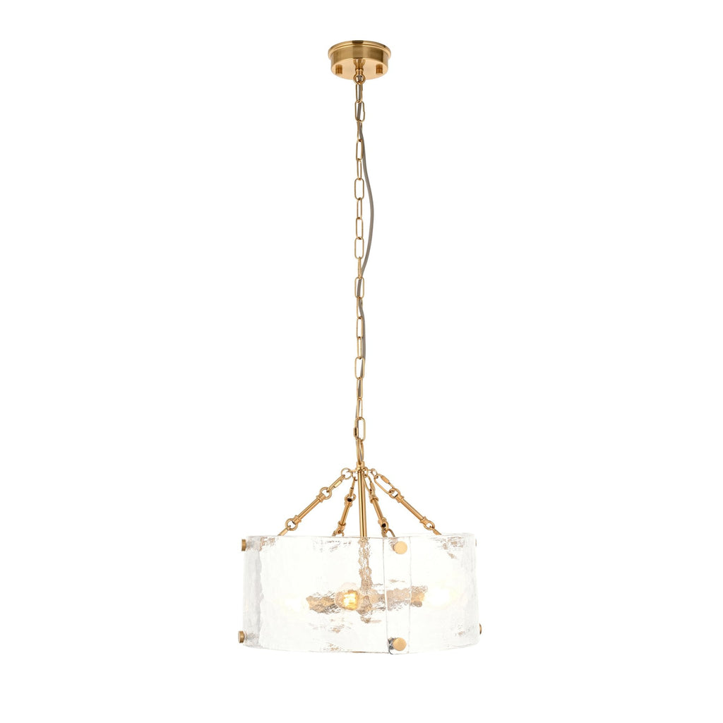 118583 Keller 4 Light Pendant Brushed Aged Brass Plate & Handmade Textured Clear Glass