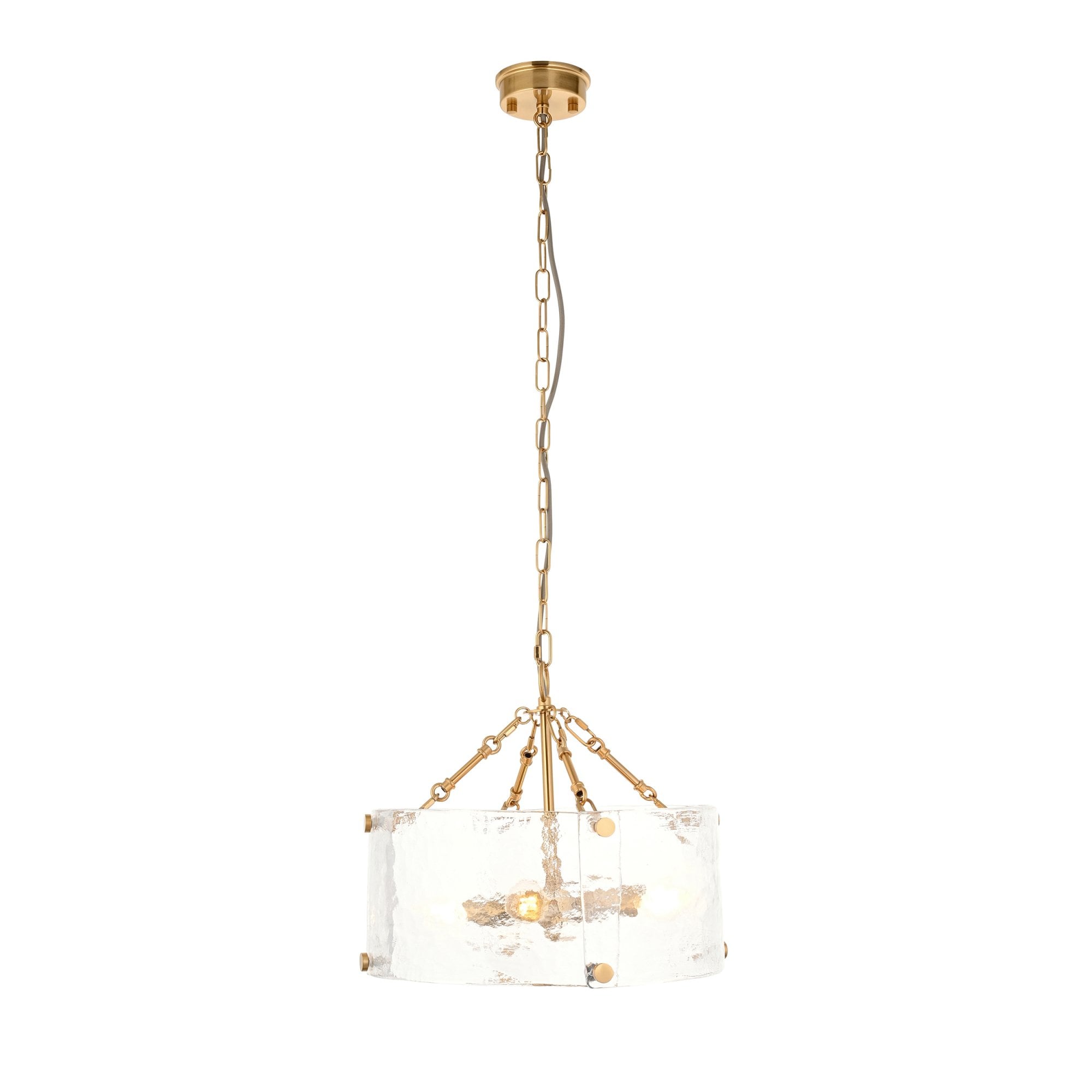 118583 Keller 4 Light Pendant Brushed Aged Brass Plate & Handmade Textured Clear Glass