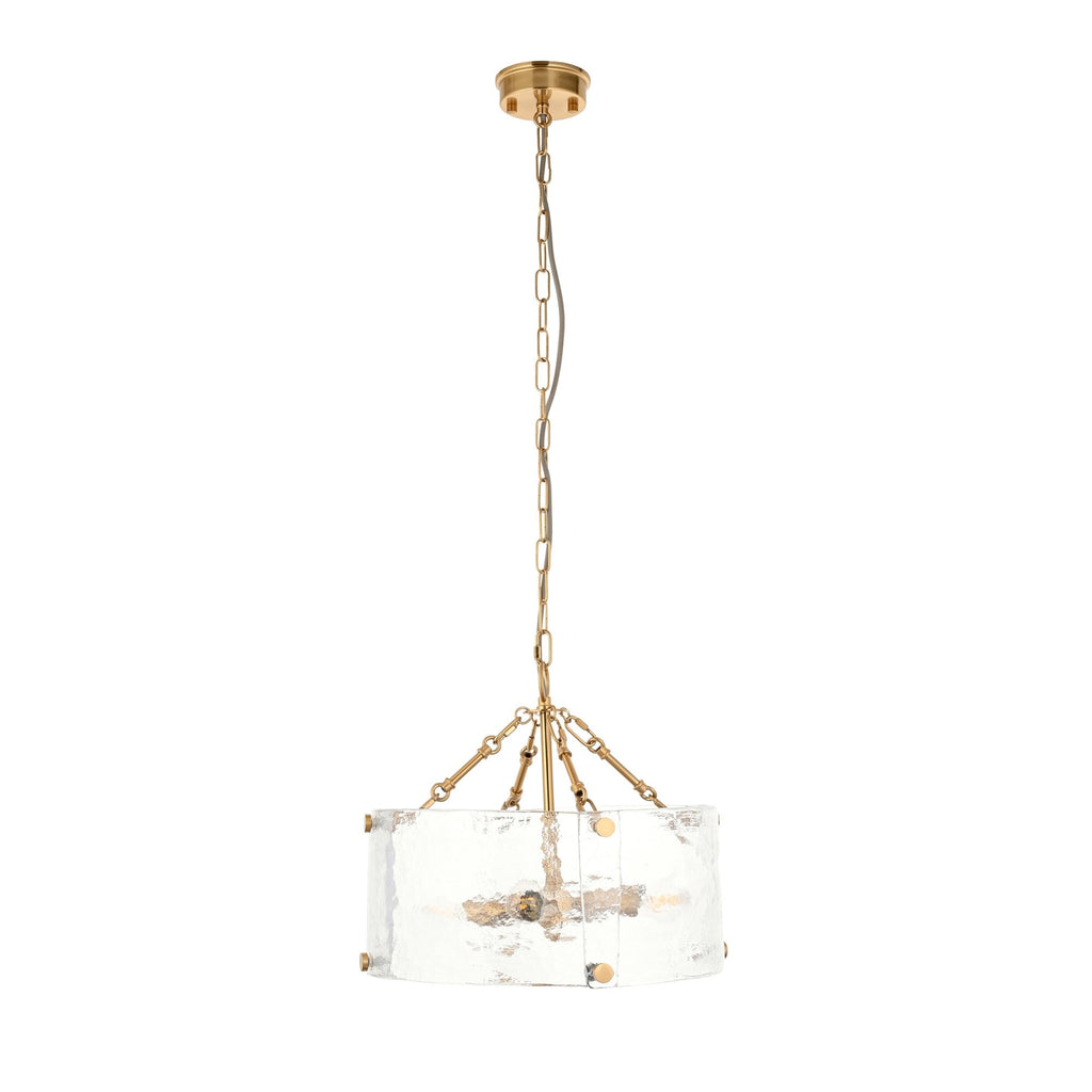 118583 Keller 4 Light Pendant Brushed Aged Brass Plate & Handmade Textured Clear Glass
