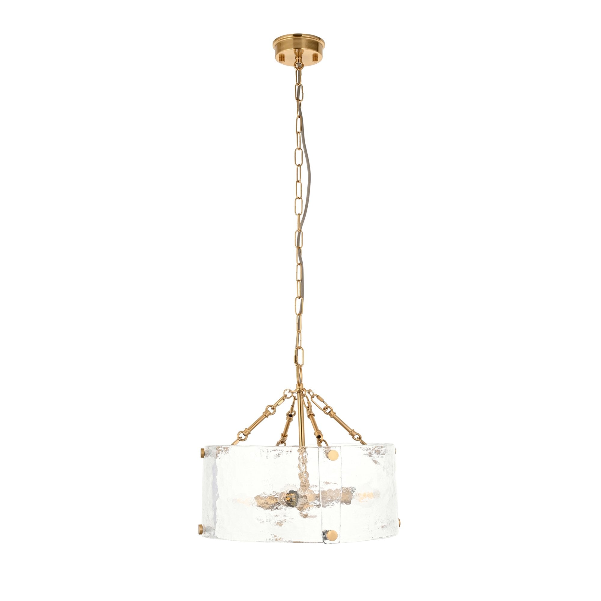 118583 Keller 4 Light Pendant Brushed Aged Brass Plate & Handmade Textured Clear Glass