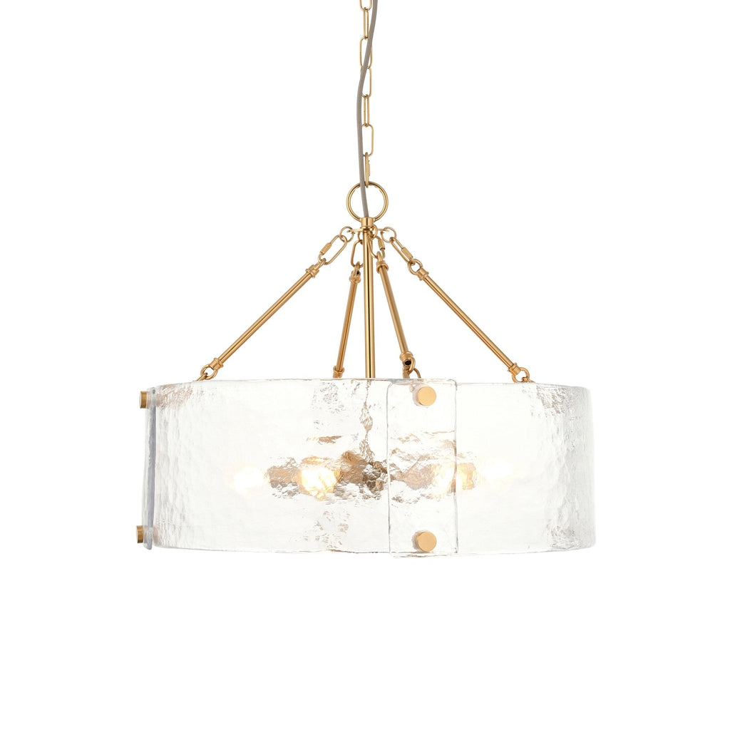 118584 Keller 6 Light Pendant Brushed Aged Brass Plate & Handmade Textured Clear Glass